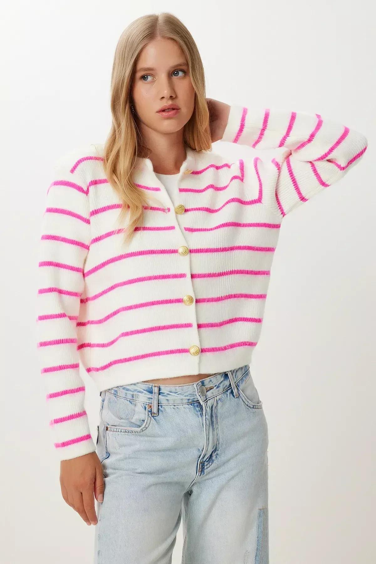 Pink Buttoned Striped Knitted Cardigan, Bone Pink, large image number 1