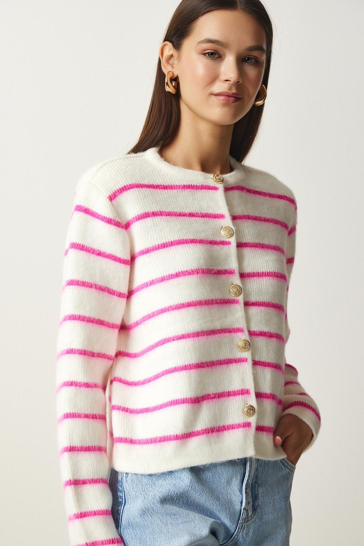 Happiness Istanbul - Pink Buttoned Striped Knitted Cardigan