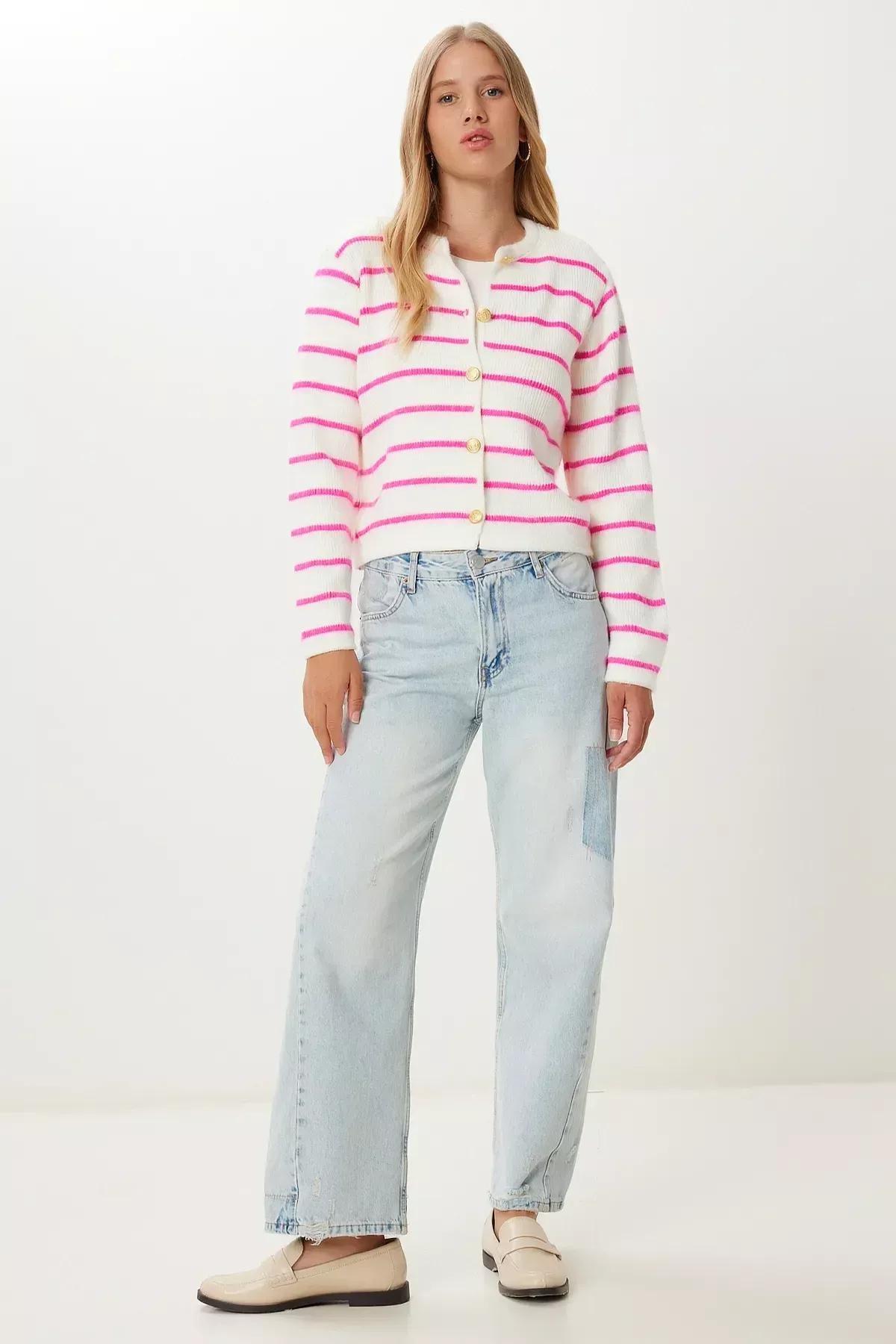 Pink Buttoned Striped Knitted Cardigan, Bone Pink, large image number 2