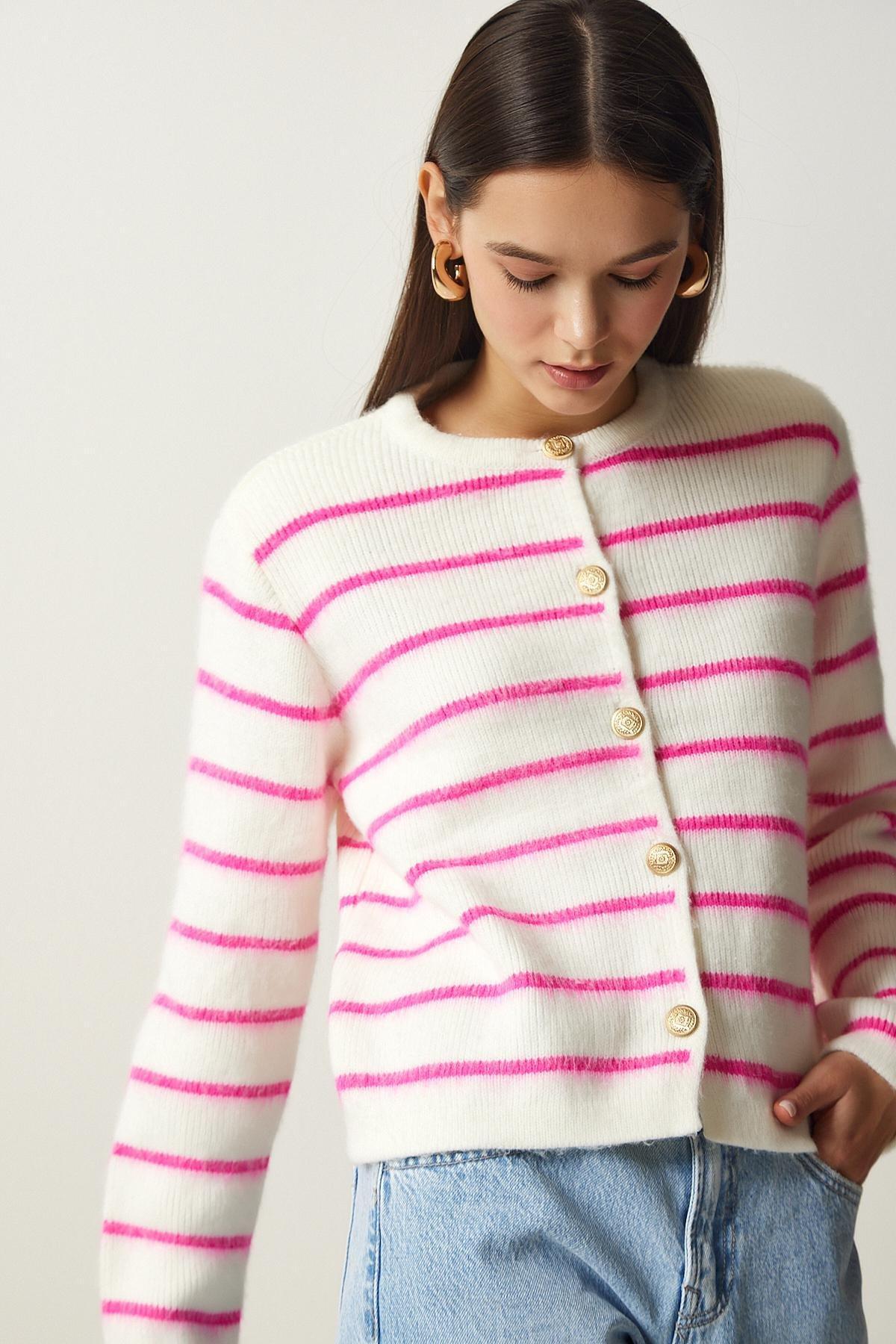 Happiness Istanbul - Pink Buttoned Striped Knitted Cardigan