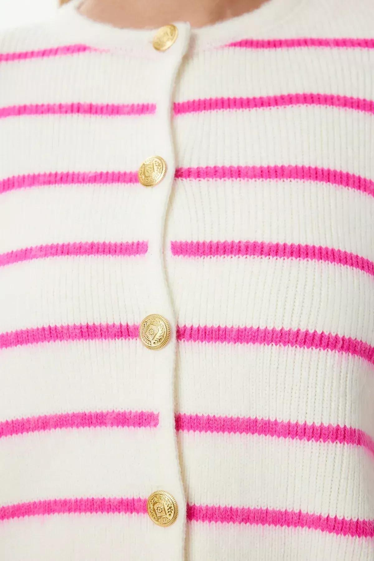 Pink Buttoned Striped Knitted Cardigan, Bone Pink, large image number 3