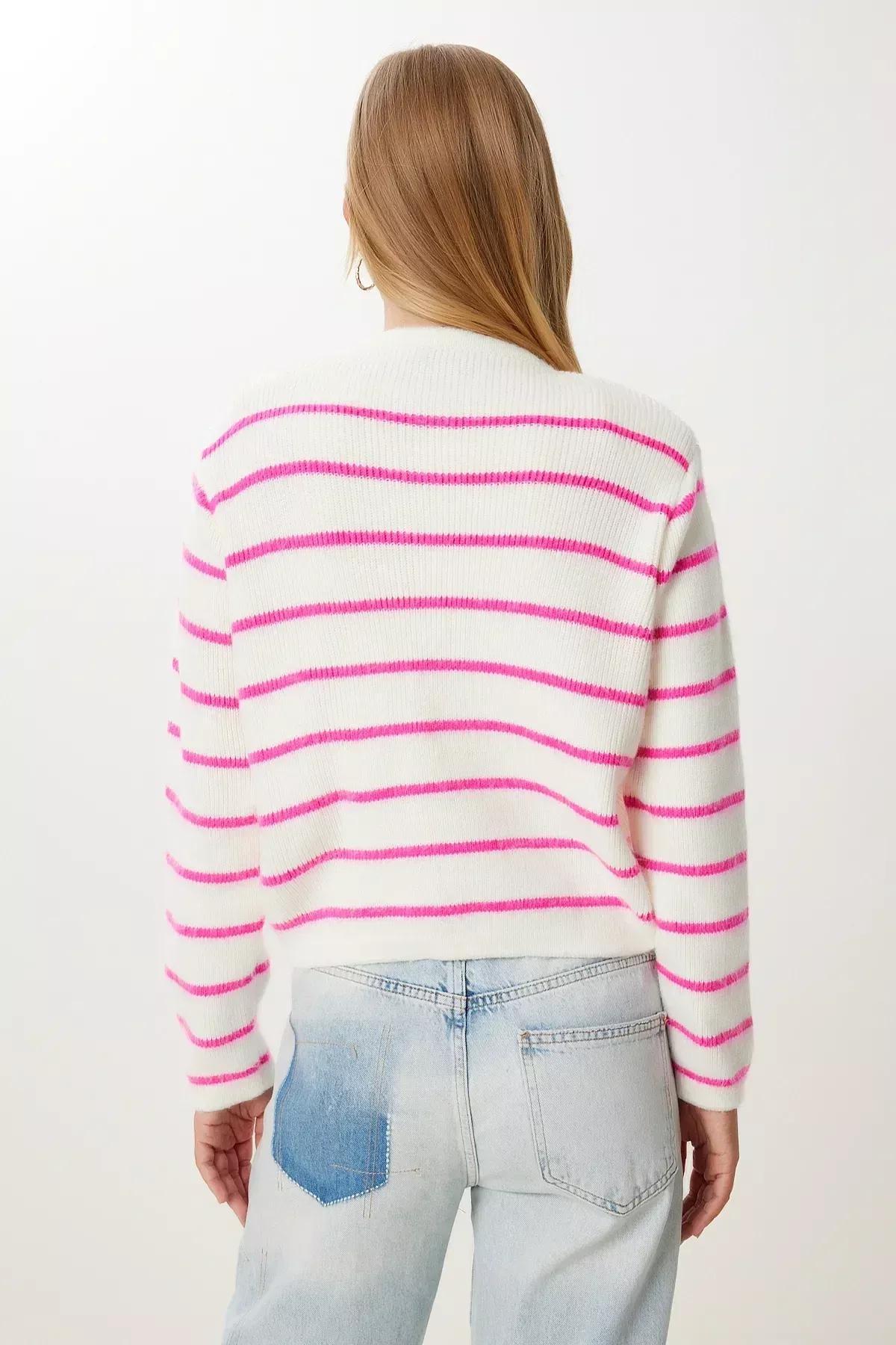 Pink Buttoned Striped Knitted Cardigan, Bone Pink, large image number 4