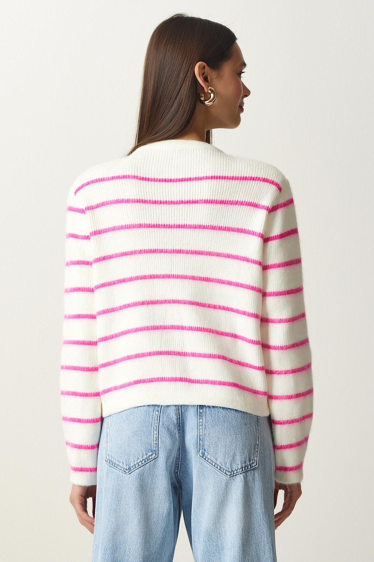 Pink Buttoned Striped Knitted Cardigan, Bone Pink, large image number 5