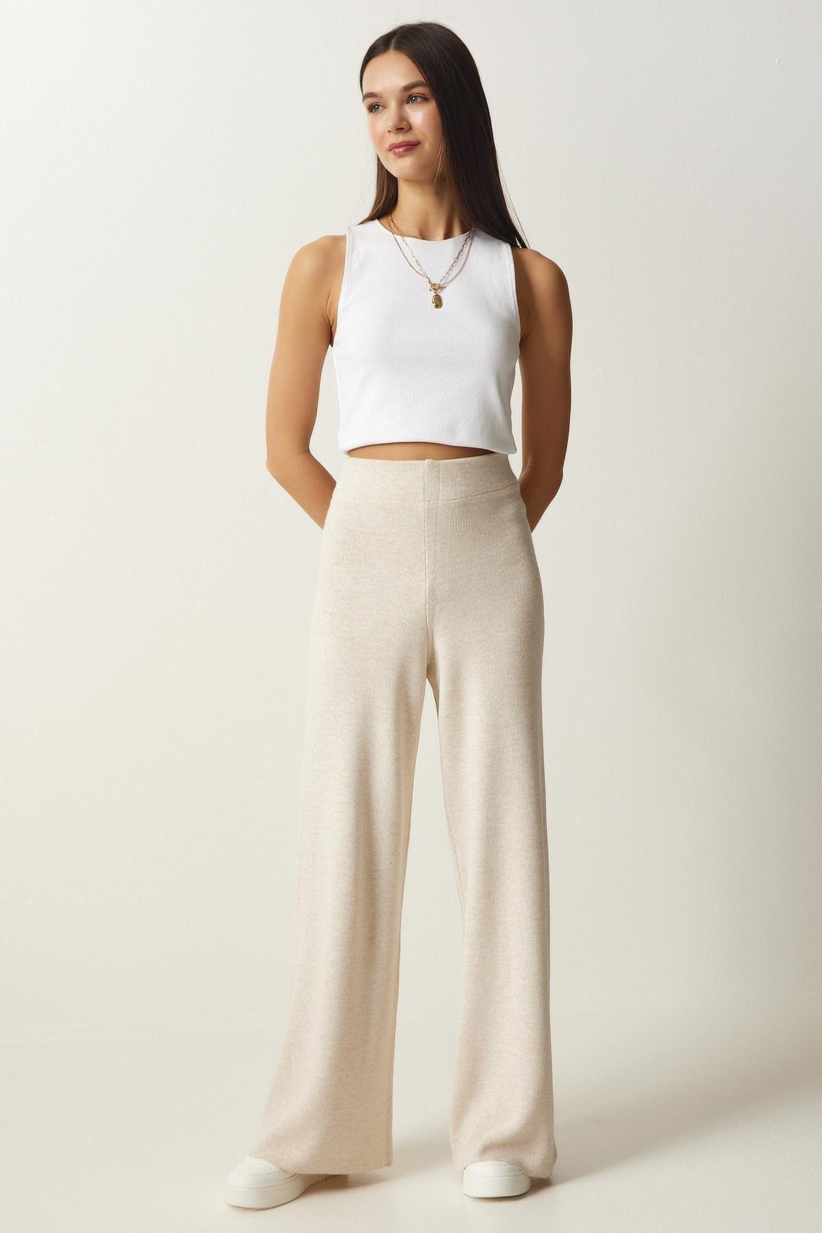 White Wide Leg Knitted Trousers, Cream, large image number 0