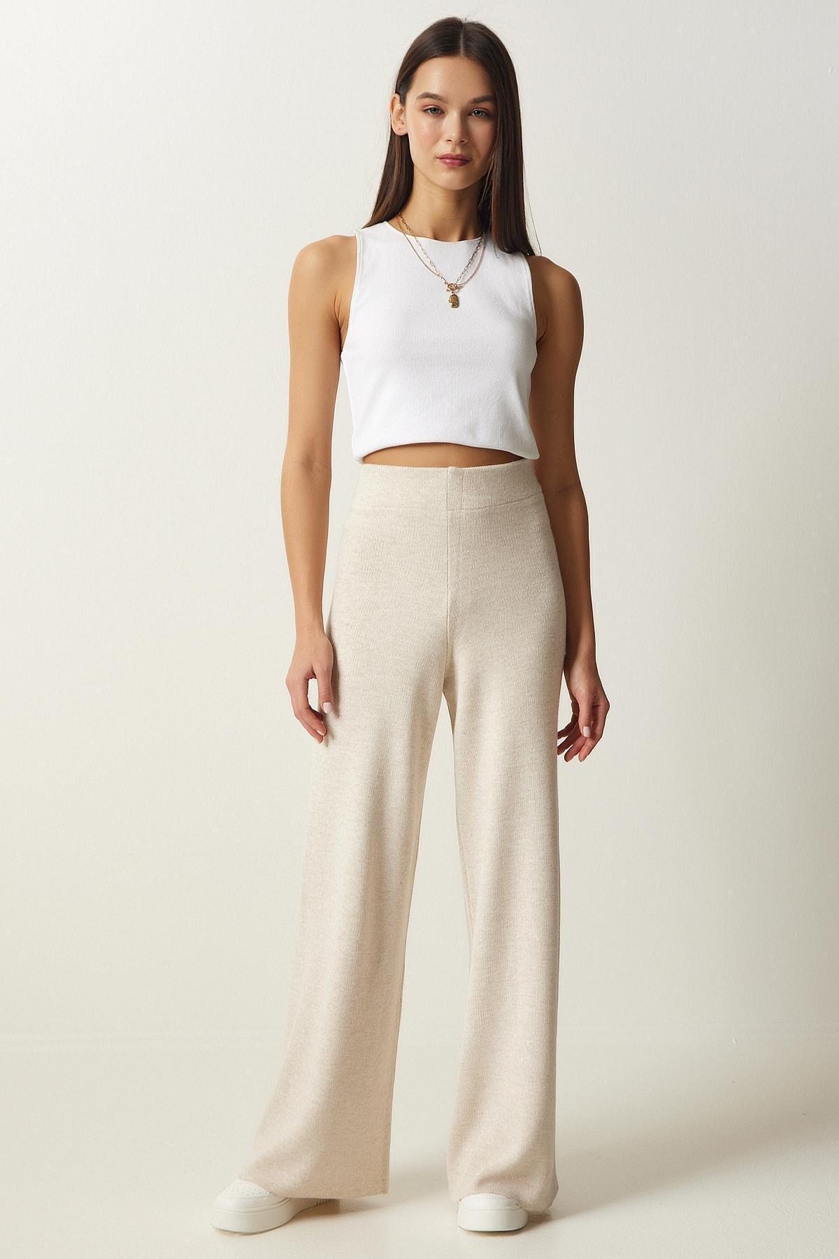 White Wide Leg Knitted Trousers, Cream, large image number 1