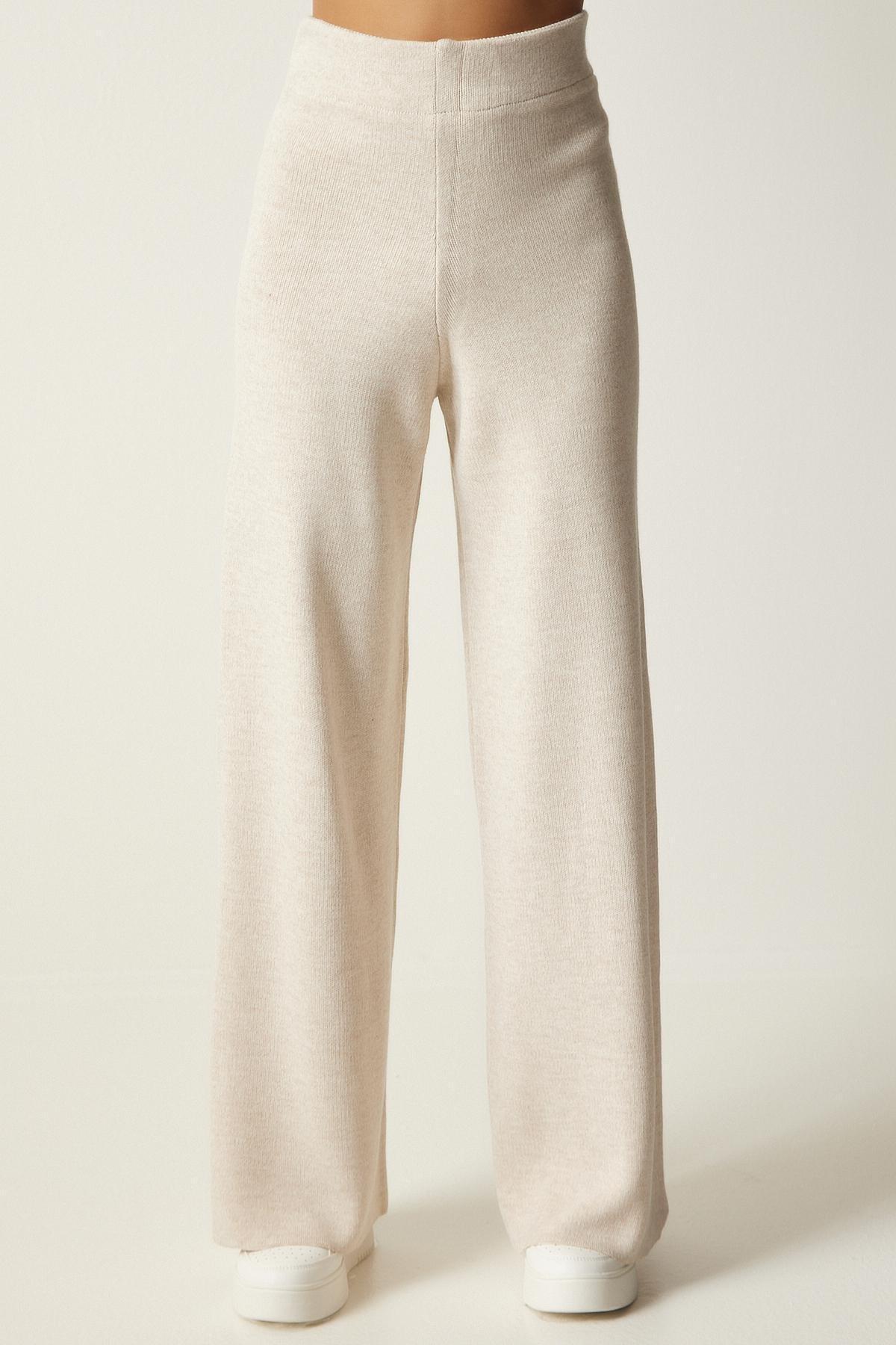 White Wide Leg Knitted Trousers, Cream, large image number 2