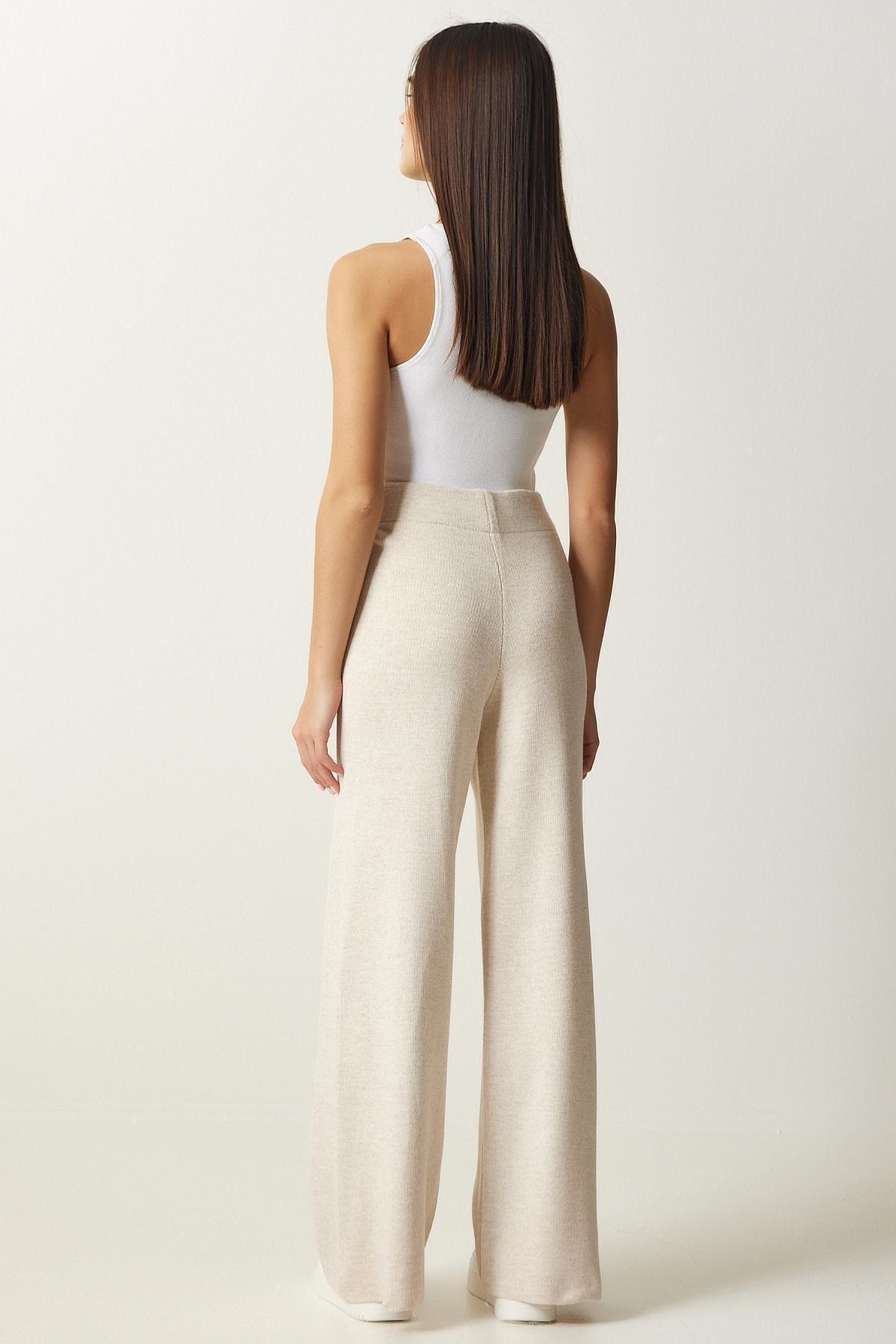 White Wide Leg Knitted Trousers, Cream, large image number 4