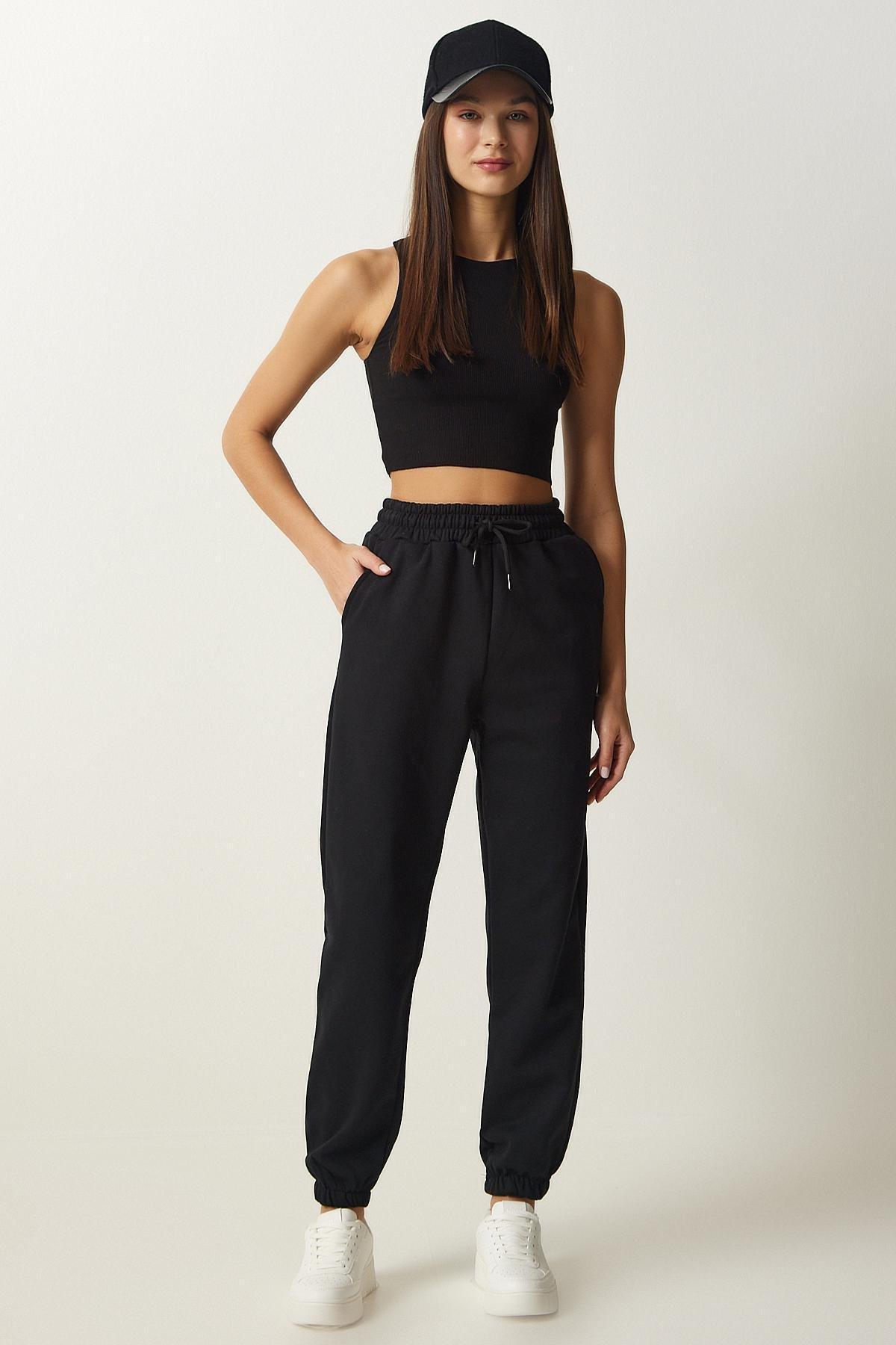 Black Tiered Knitted Sweatpants, BLACK, large image number 0