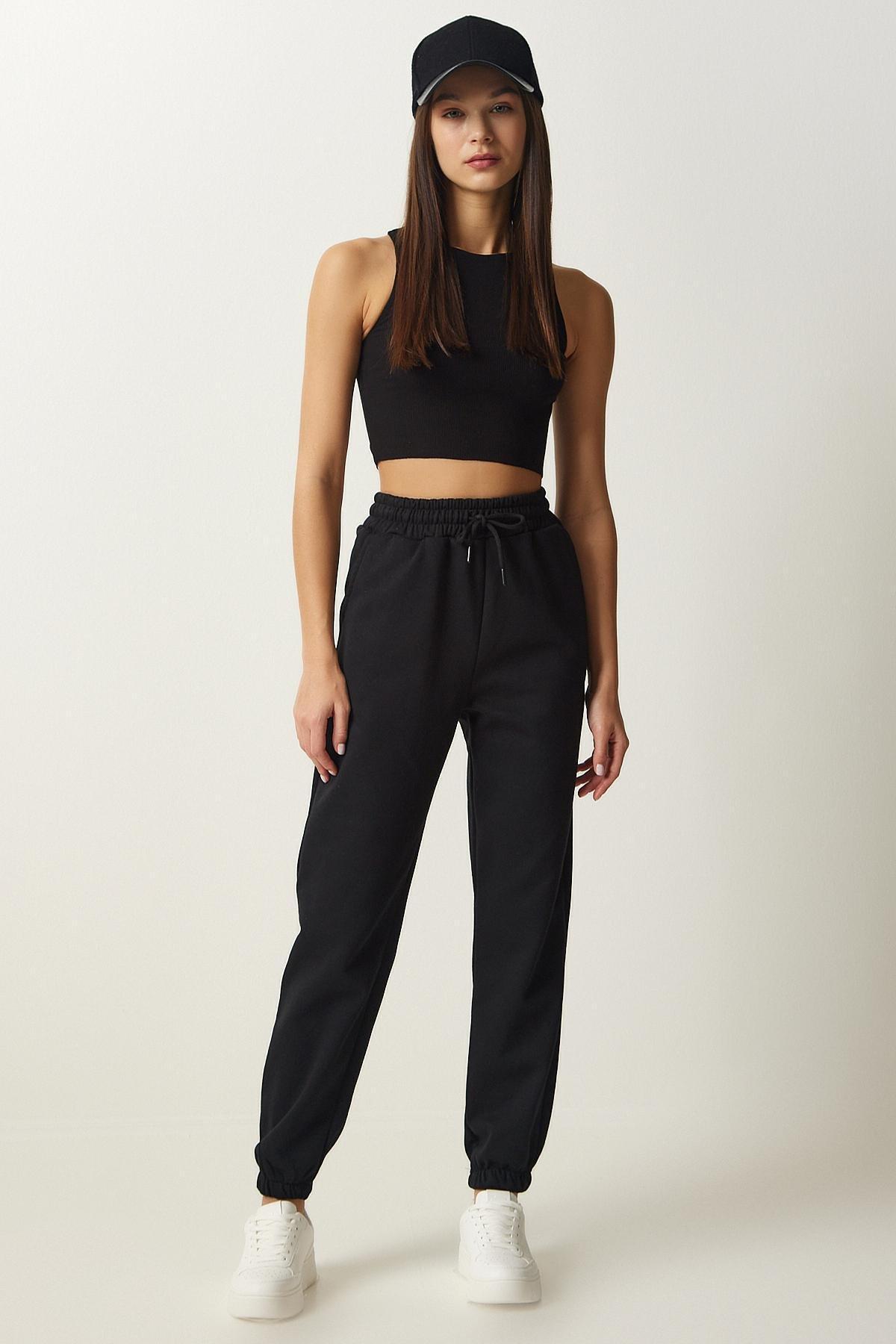 Black Tiered Knitted Sweatpants, BLACK, large image number 1