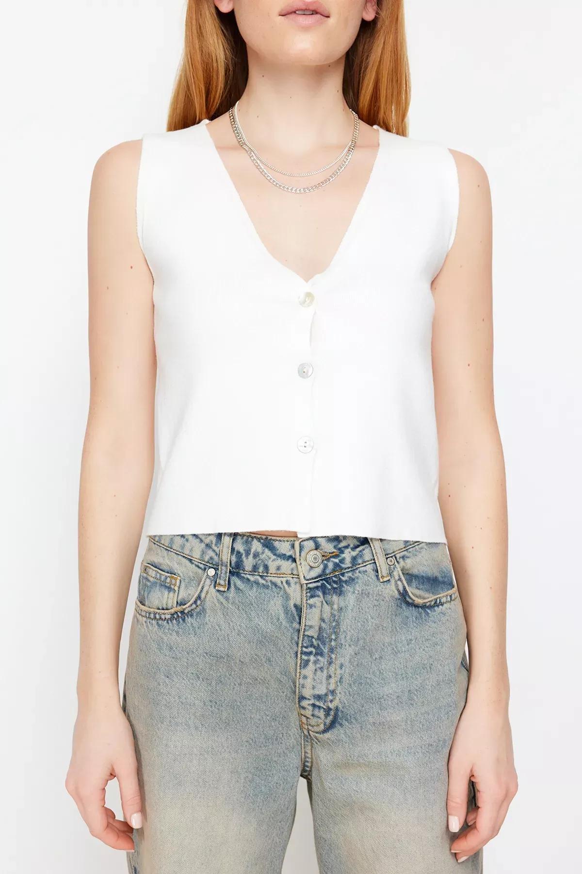 Beige Basic Vest Look Knit Blouse, Ecru, large image number 3