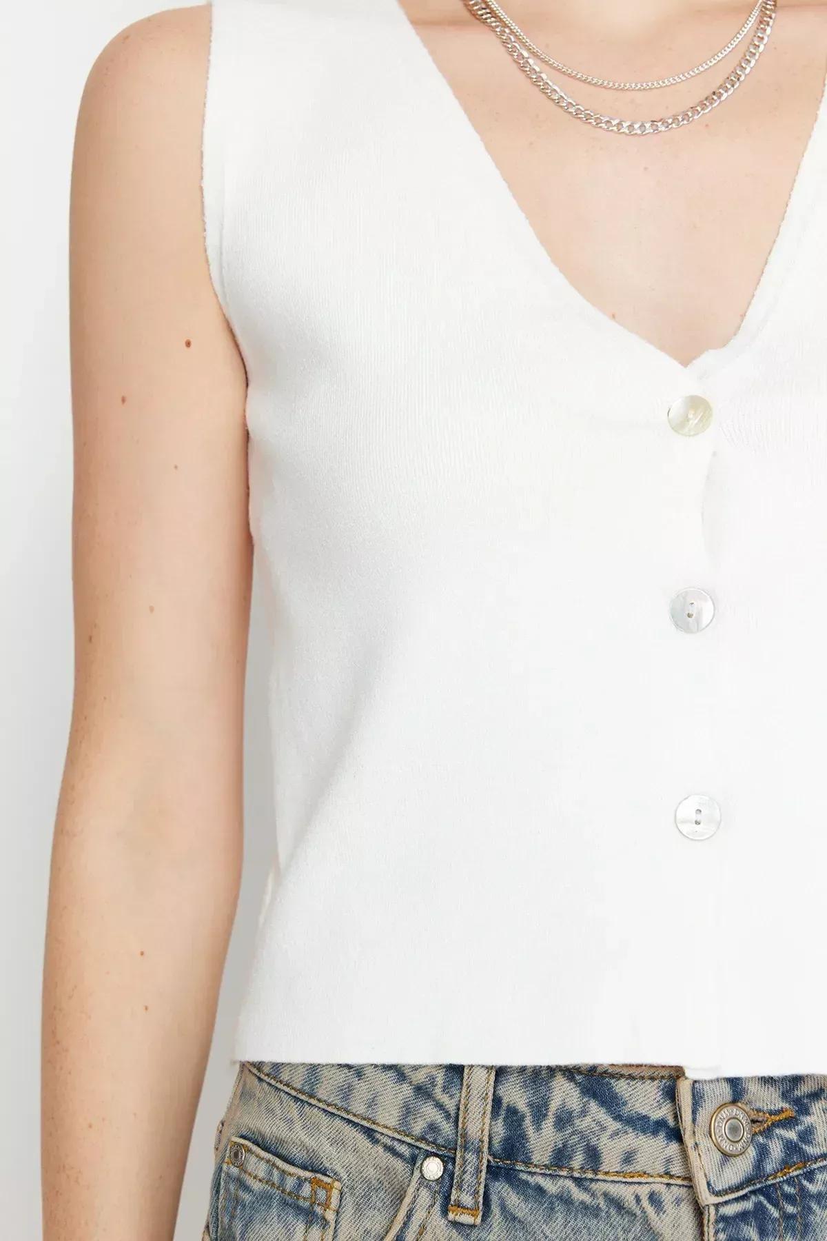 Beige Basic Vest Look Knit Blouse, Ecru, large image number 4