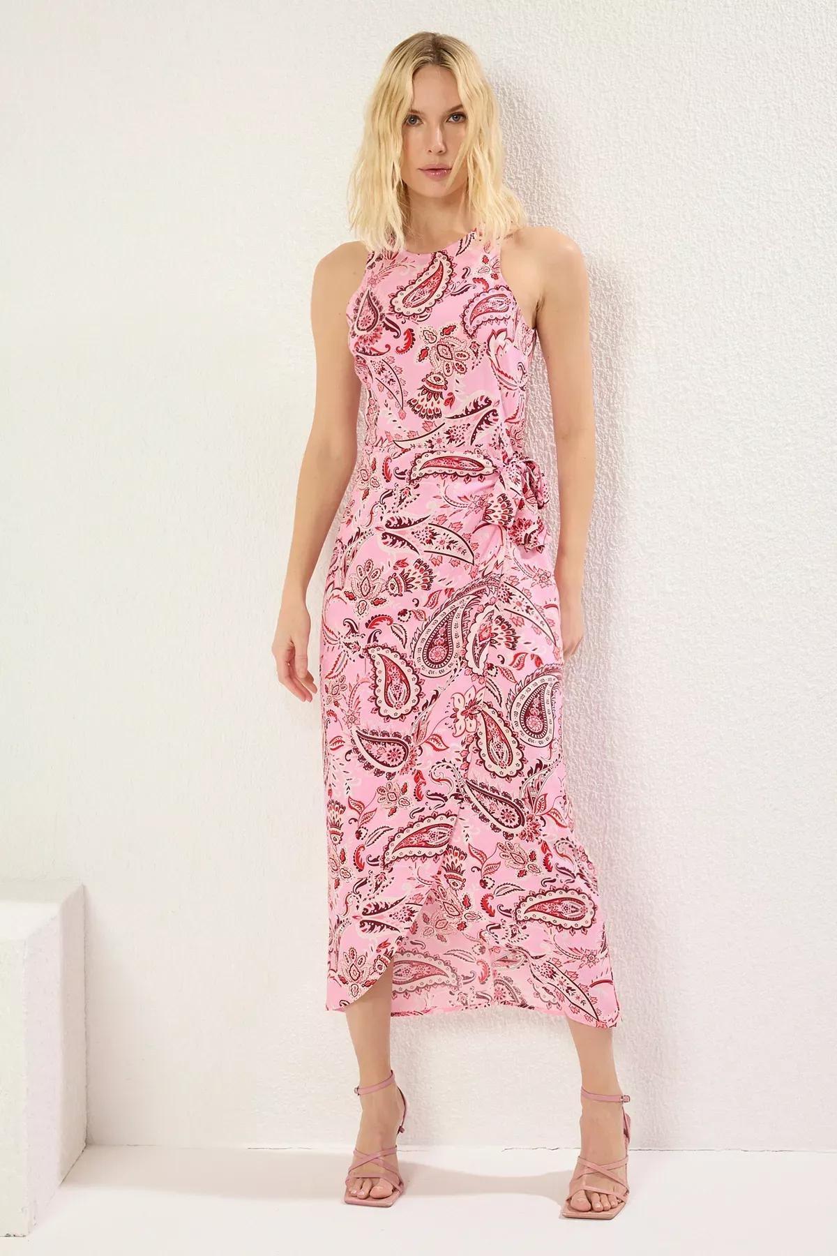 Pink Shawl Pattern A-Cut Midi Dress, , large image number 0