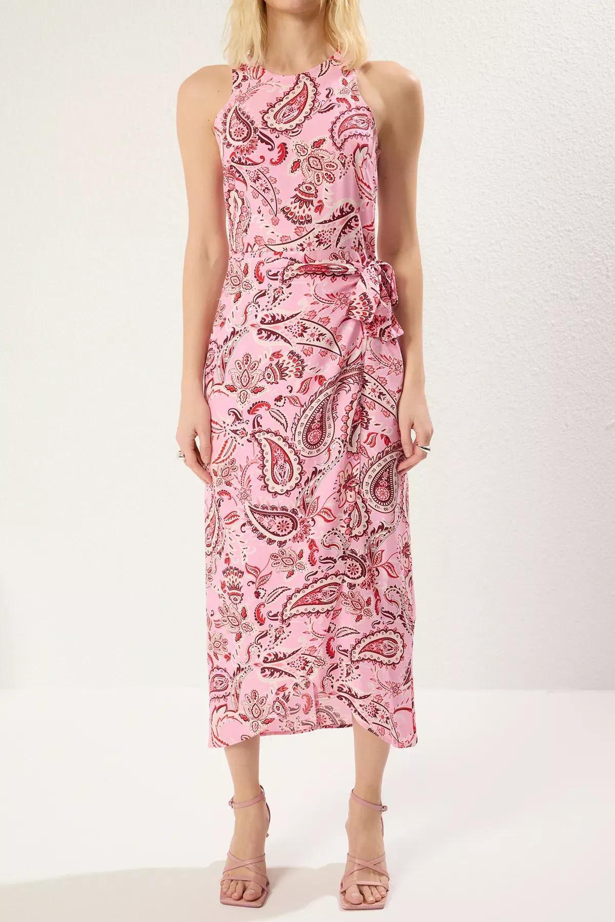 Pink Shawl Pattern A-Cut Midi Dress, , large image number 2