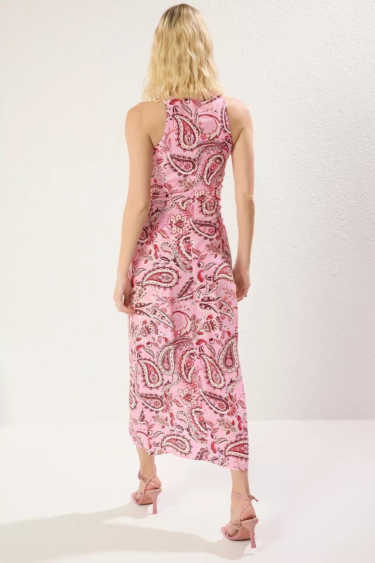Pink Shawl Pattern A-Cut Midi Dress, , large image number 4
