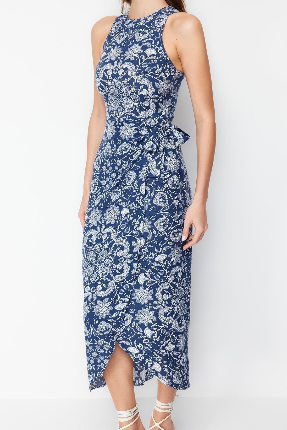 Blue A-Line Midi Pattern Dress, , large image number 4