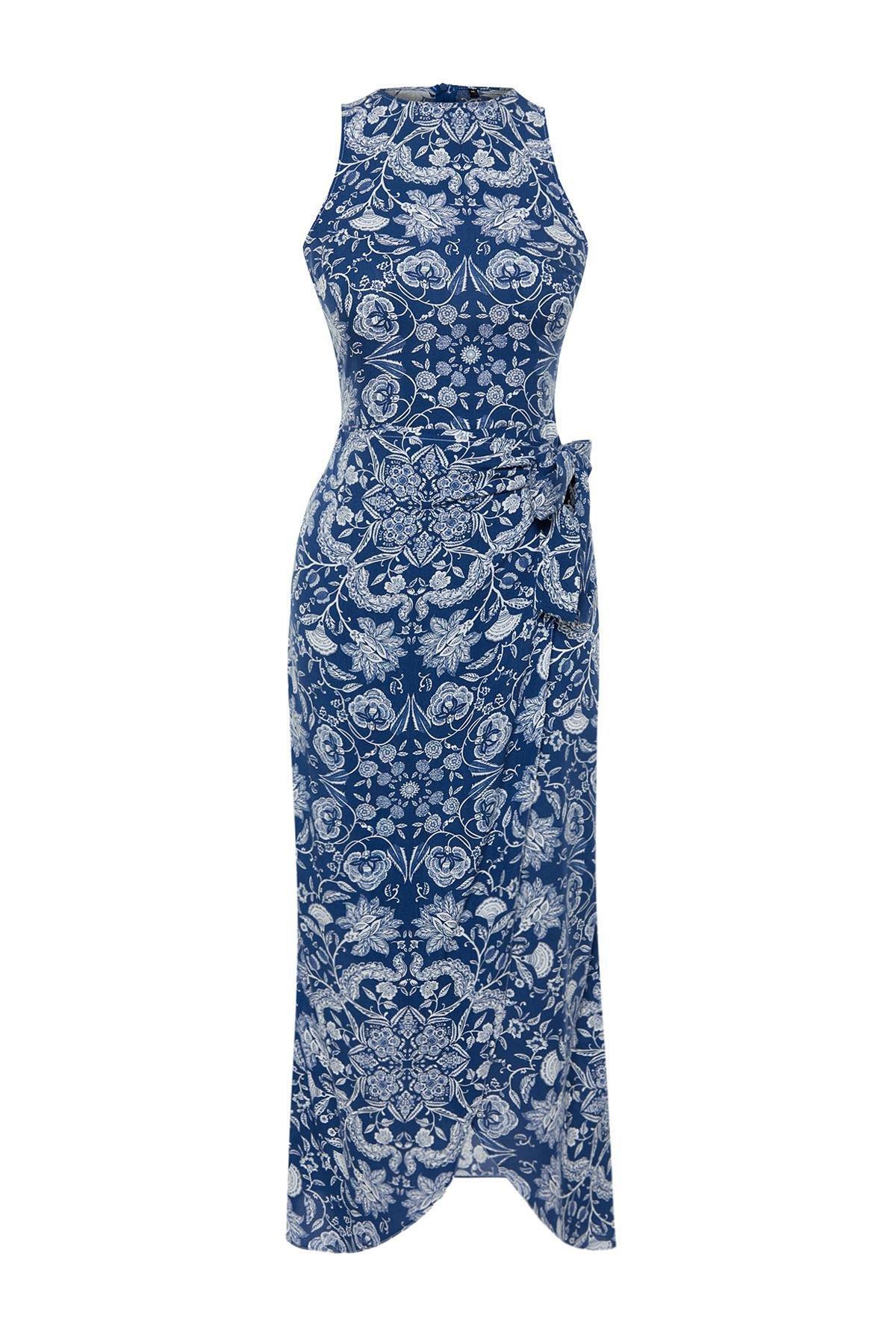 Blue A-Line Midi Pattern Dress, , large image number 5