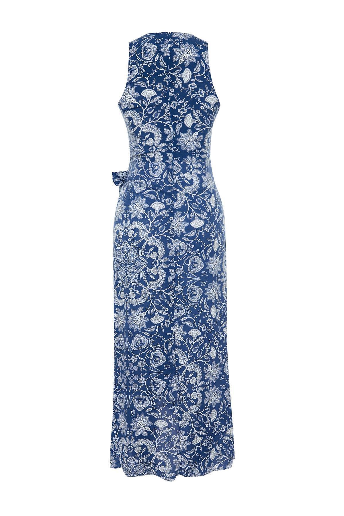 Blue A-Line Midi Pattern Dress, , large image number 6