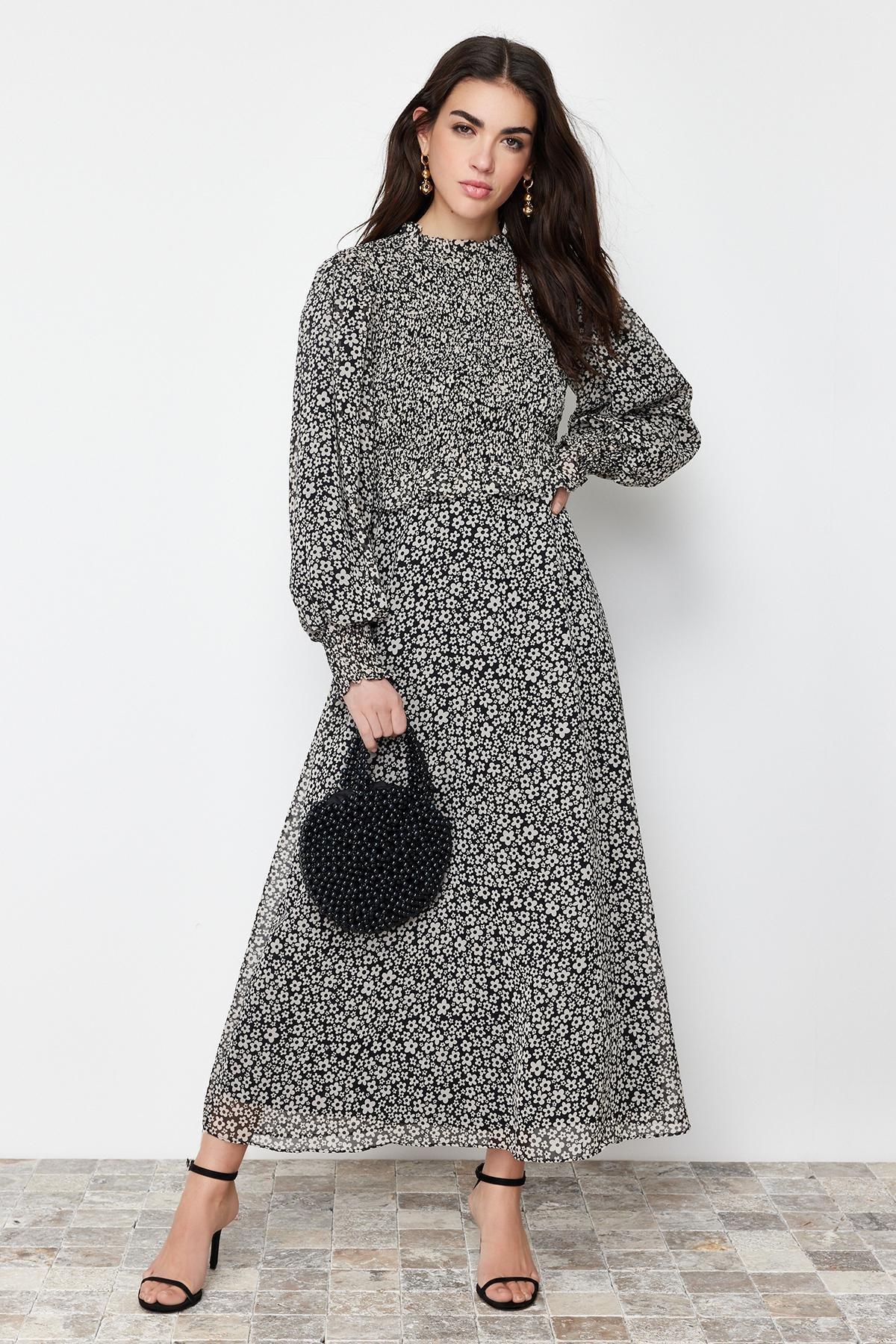 Black Lined Floral Waist Ruffle Detail Woven Dress, , large image number 1