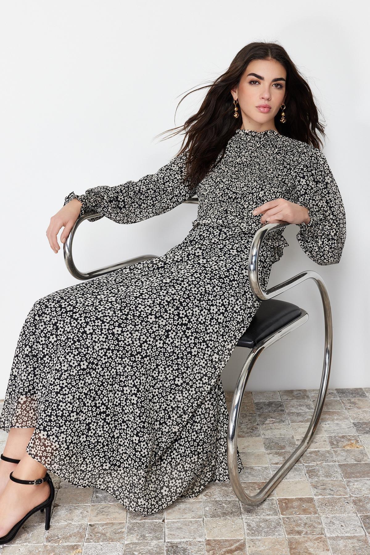 Black Lined Floral Waist Ruffle Detail Woven Dress, , large image number 2