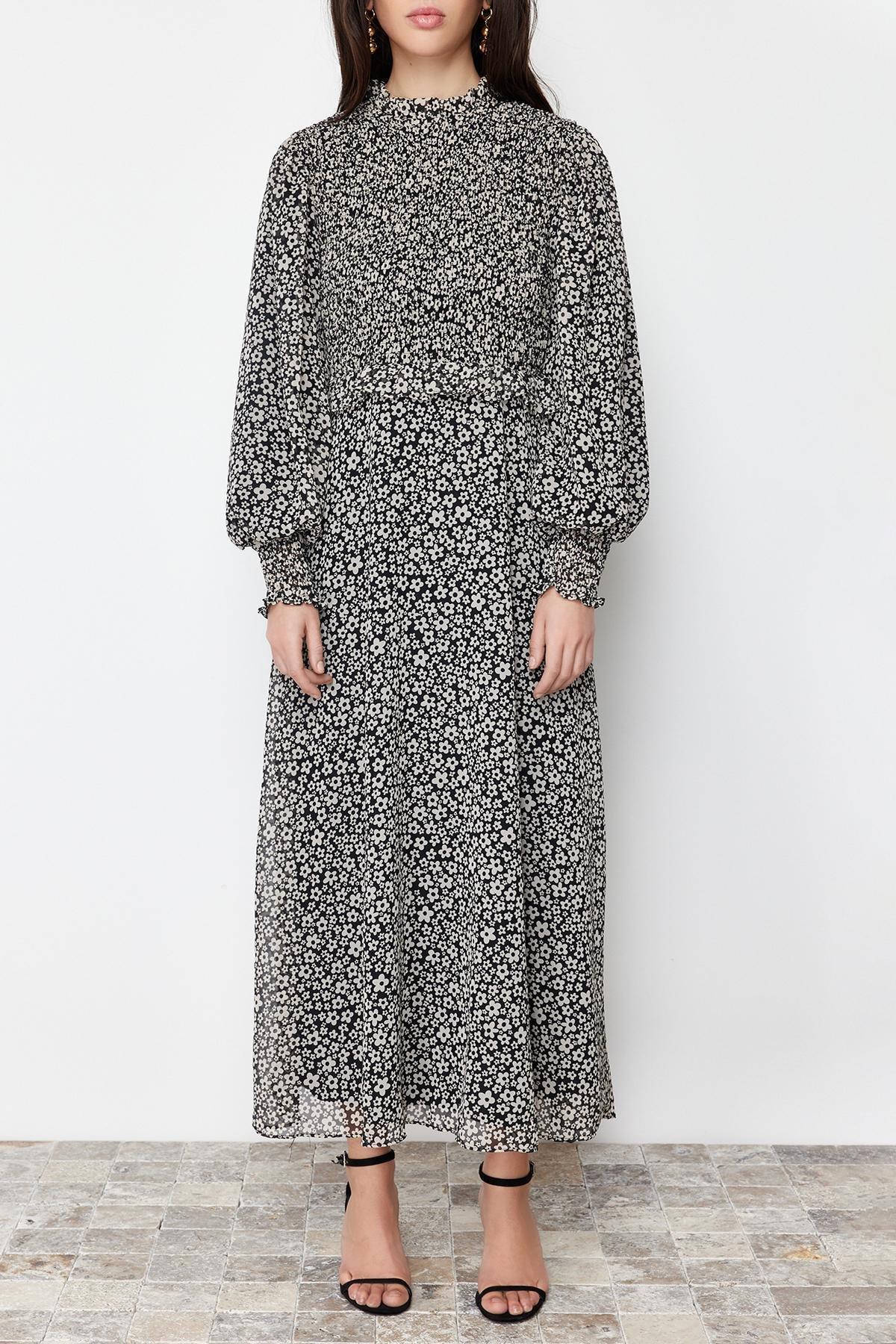 Black Lined Floral Waist Ruffle Detail Woven Dress, , large image number 3