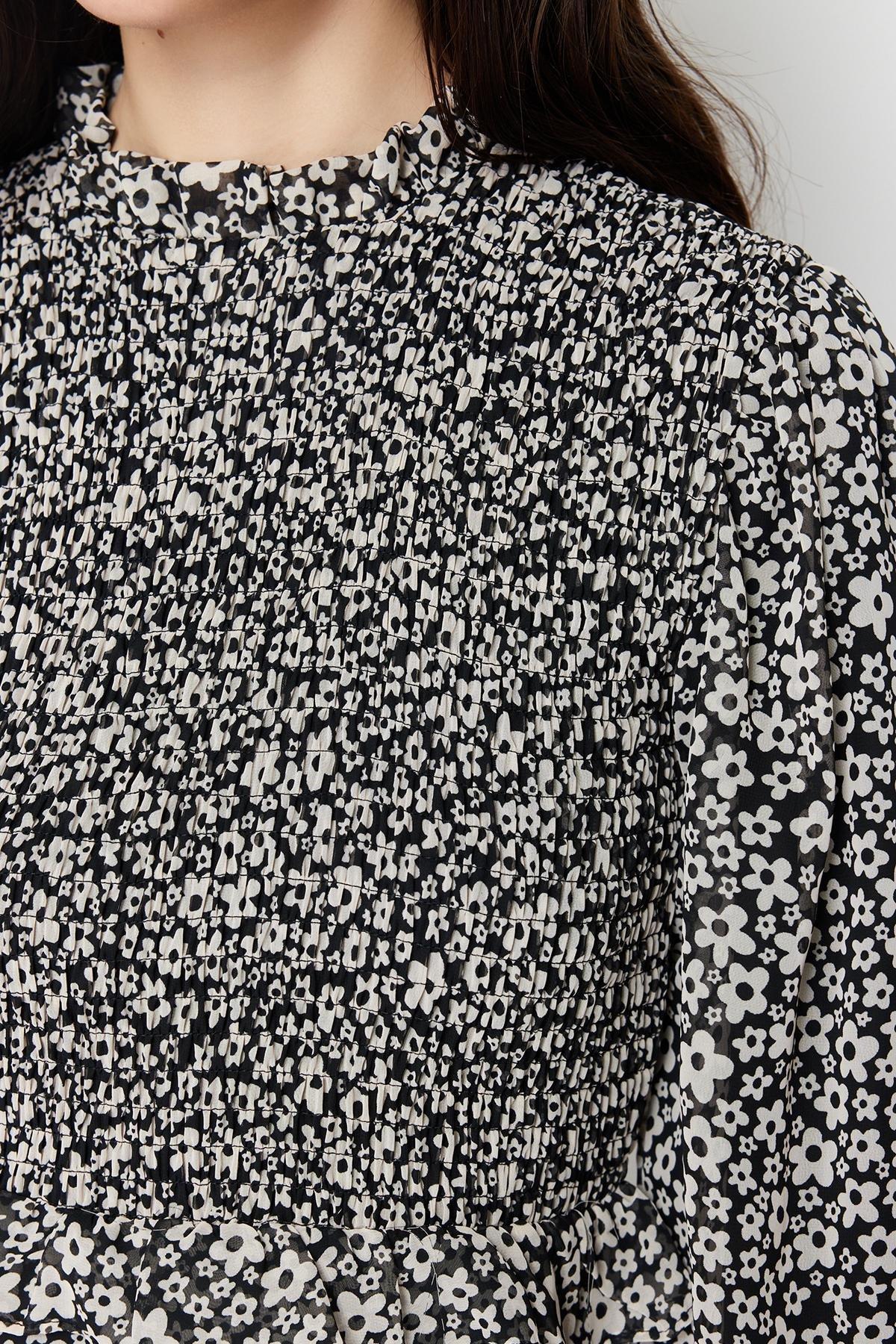 Black Lined Floral Waist Ruffle Detail Woven Dress, , large image number 4