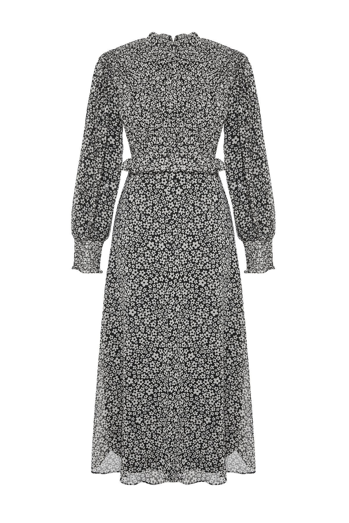 Black Lined Floral Waist Ruffle Detail Woven Dress, , large image number 5