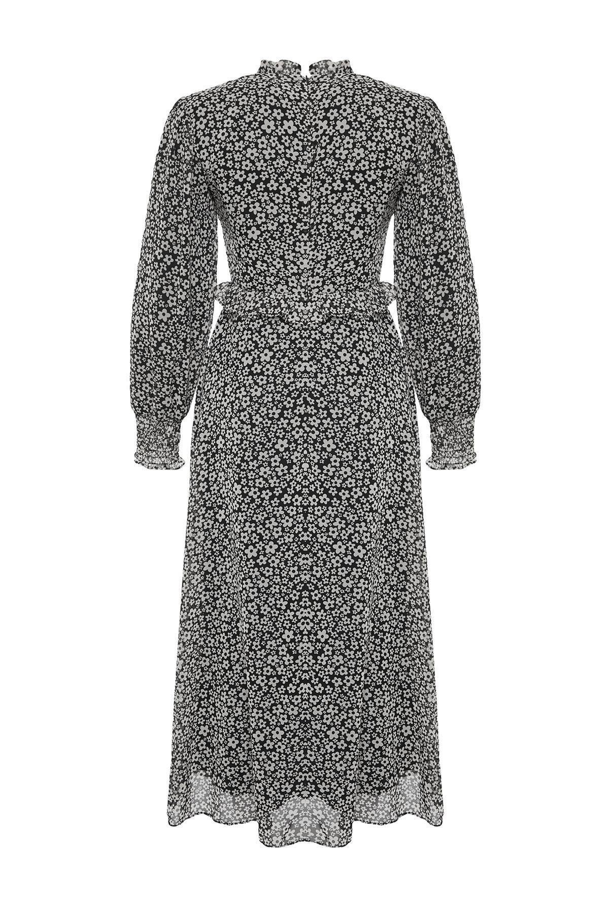 Black Lined Floral Waist Ruffle Detail Woven Dress, , large image number 6