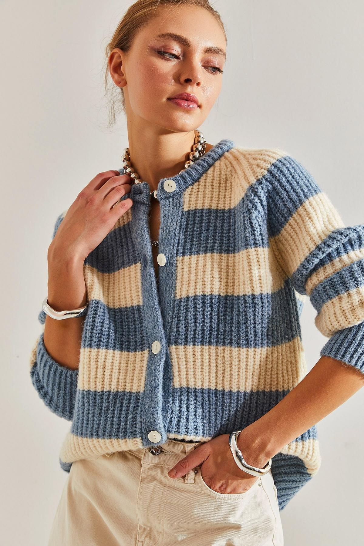 Multicolour Striped Buttoned Knitted Cardigan, Blue-Ecru, large image number 0