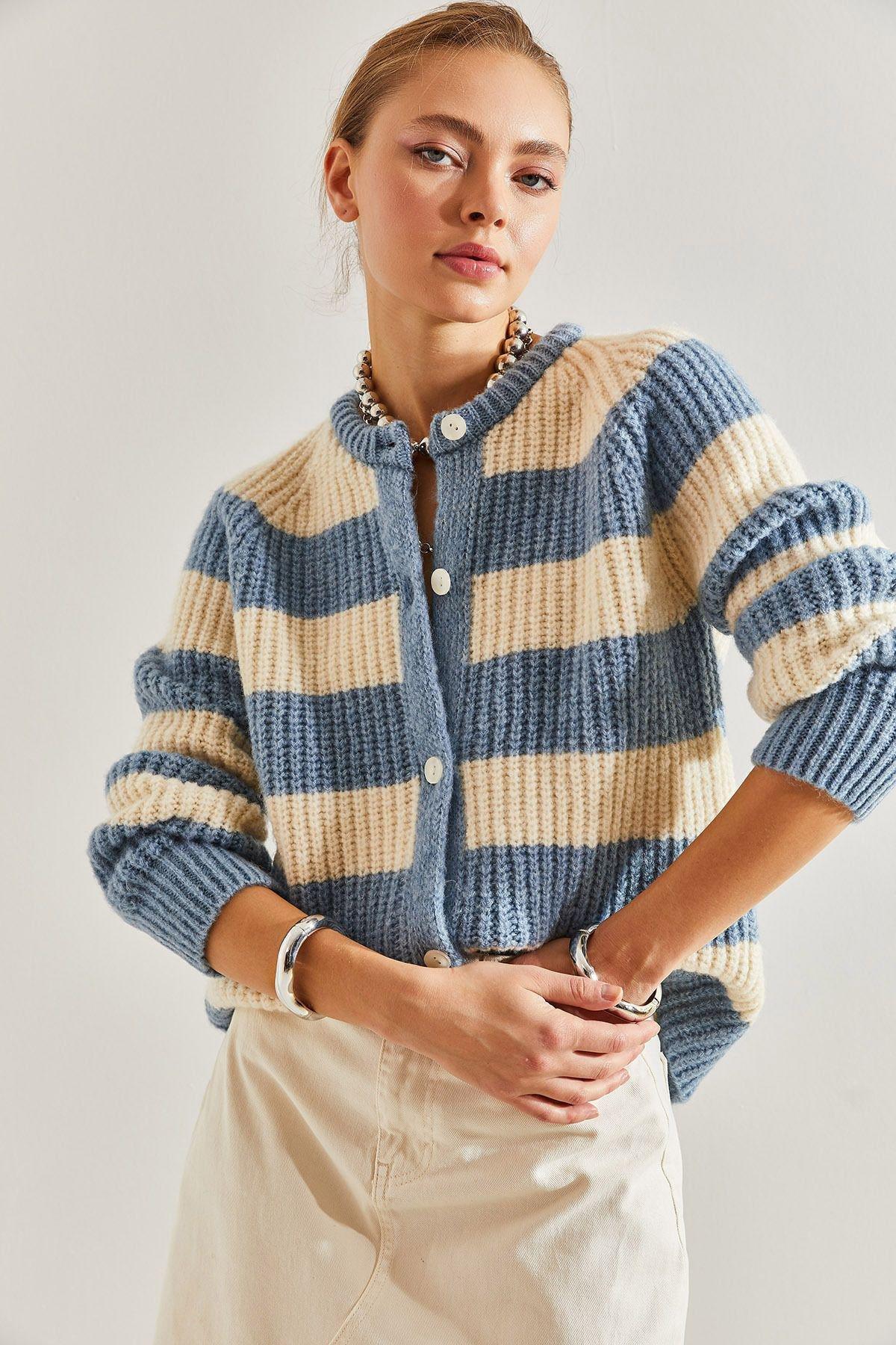 Multicolour Striped Buttoned Knitted Cardigan, Blue-Ecru, large image number 1