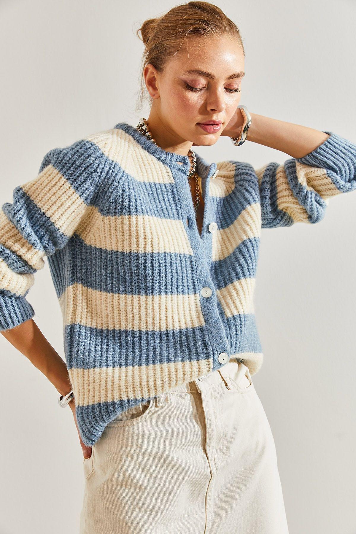 Multicolour Striped Buttoned Knitted Cardigan, Blue-Ecru, large image number 2