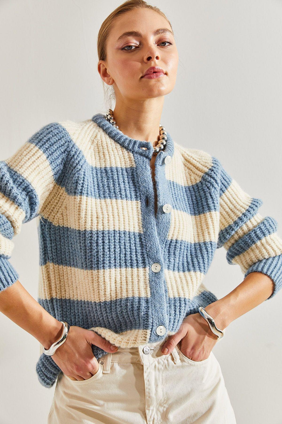 Multicolour Striped Buttoned Knitted Cardigan, Blue-Ecru, large image number 5