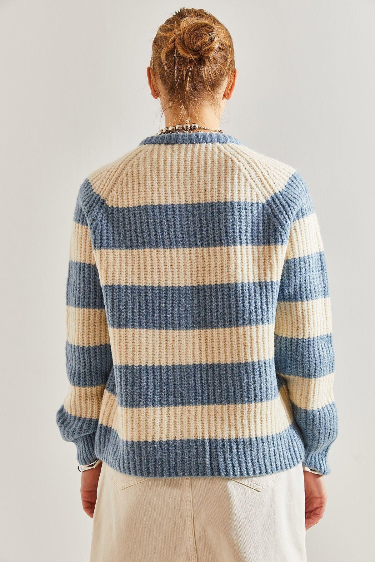 Multicolour Striped Buttoned Knitted Cardigan, Blue-Ecru, large image number 6