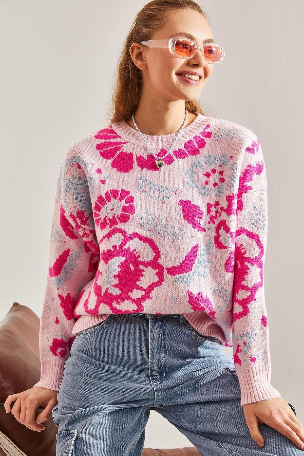 Pink Pattern Knitted Sweater, Pink, large image number 0