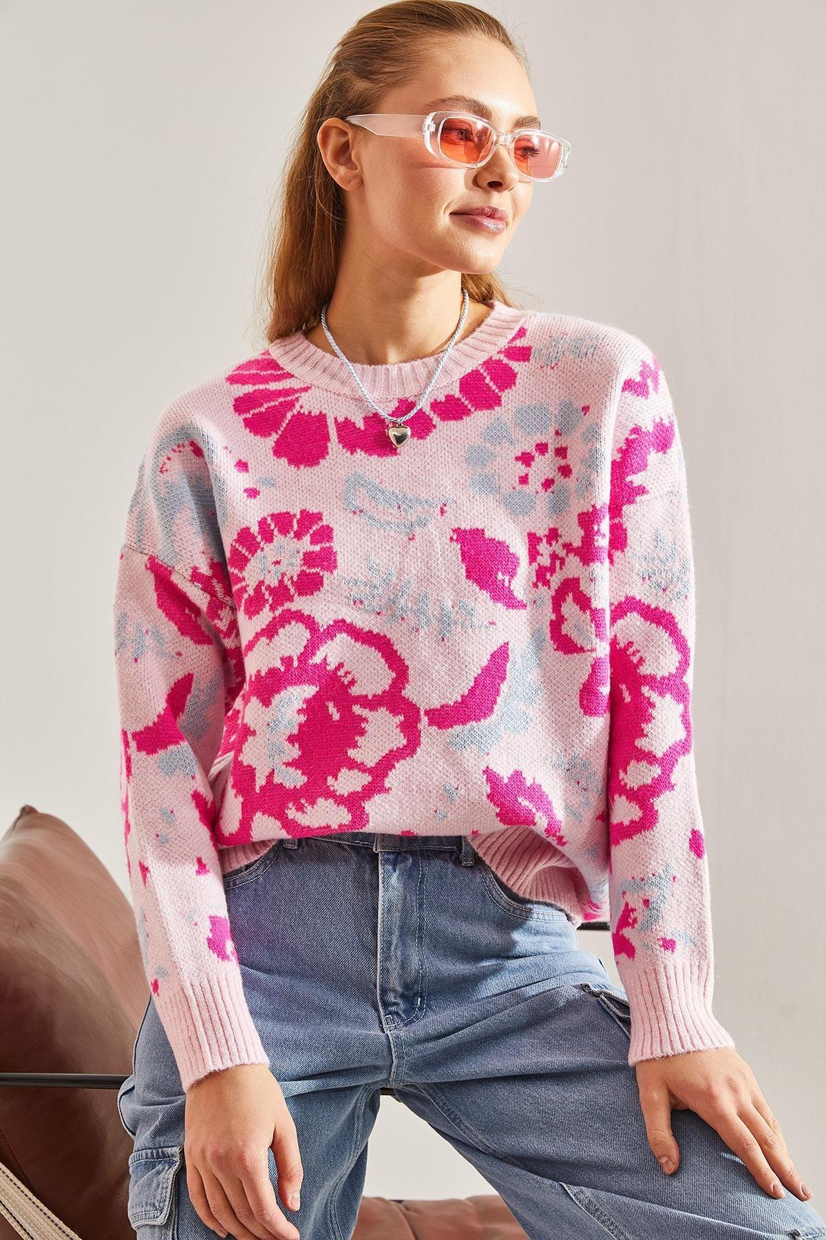 Pink Pattern Knitted Sweater, Pink, large image number 1