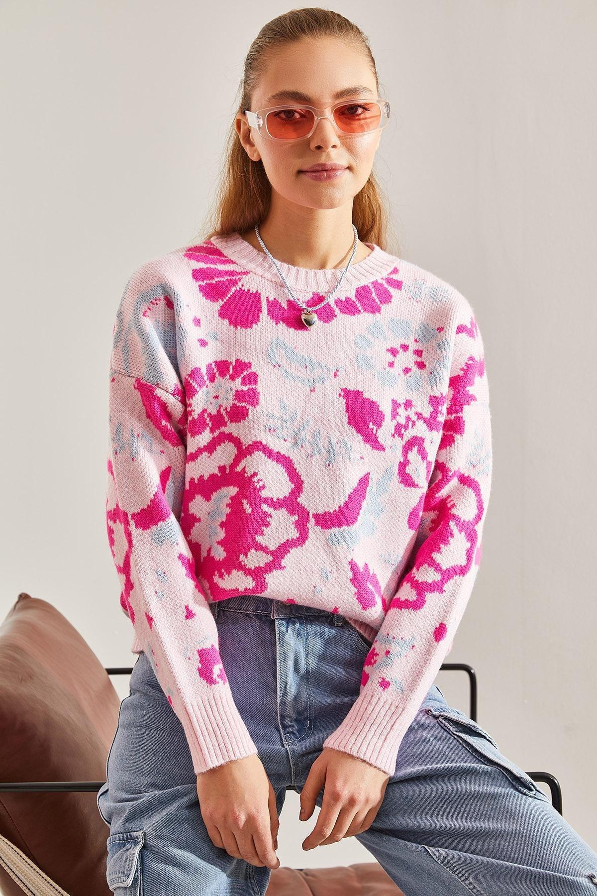 Pink Pattern Knitted Sweater, Pink, large image number 4