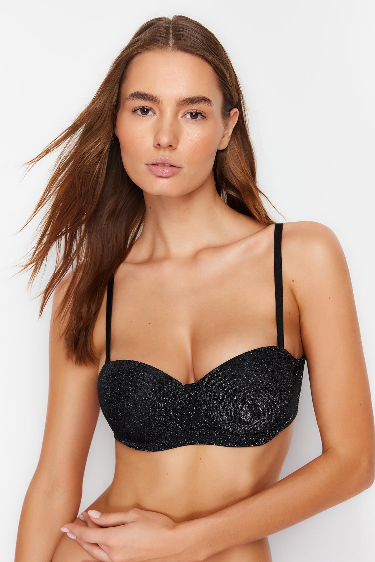 Black Shiny Polyamide Rope Strap Padded/Push-Up Strapless Knitted Bra THMSS24SU00025, single, , large image number 0
