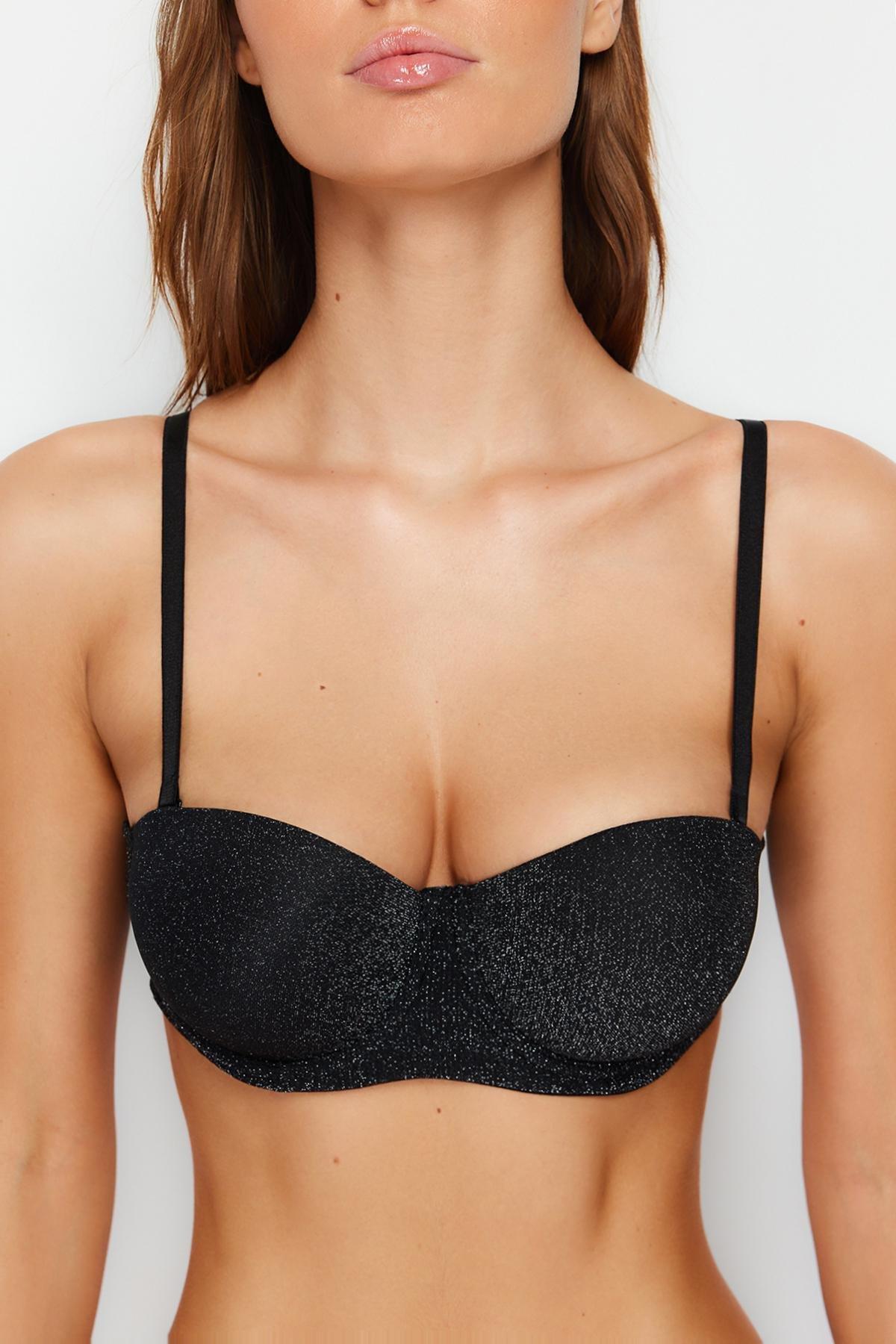Black Shiny Polyamide Rope Strap Padded/Push-Up Strapless Knitted Bra THMSS24SU00025, single, , large image number 2