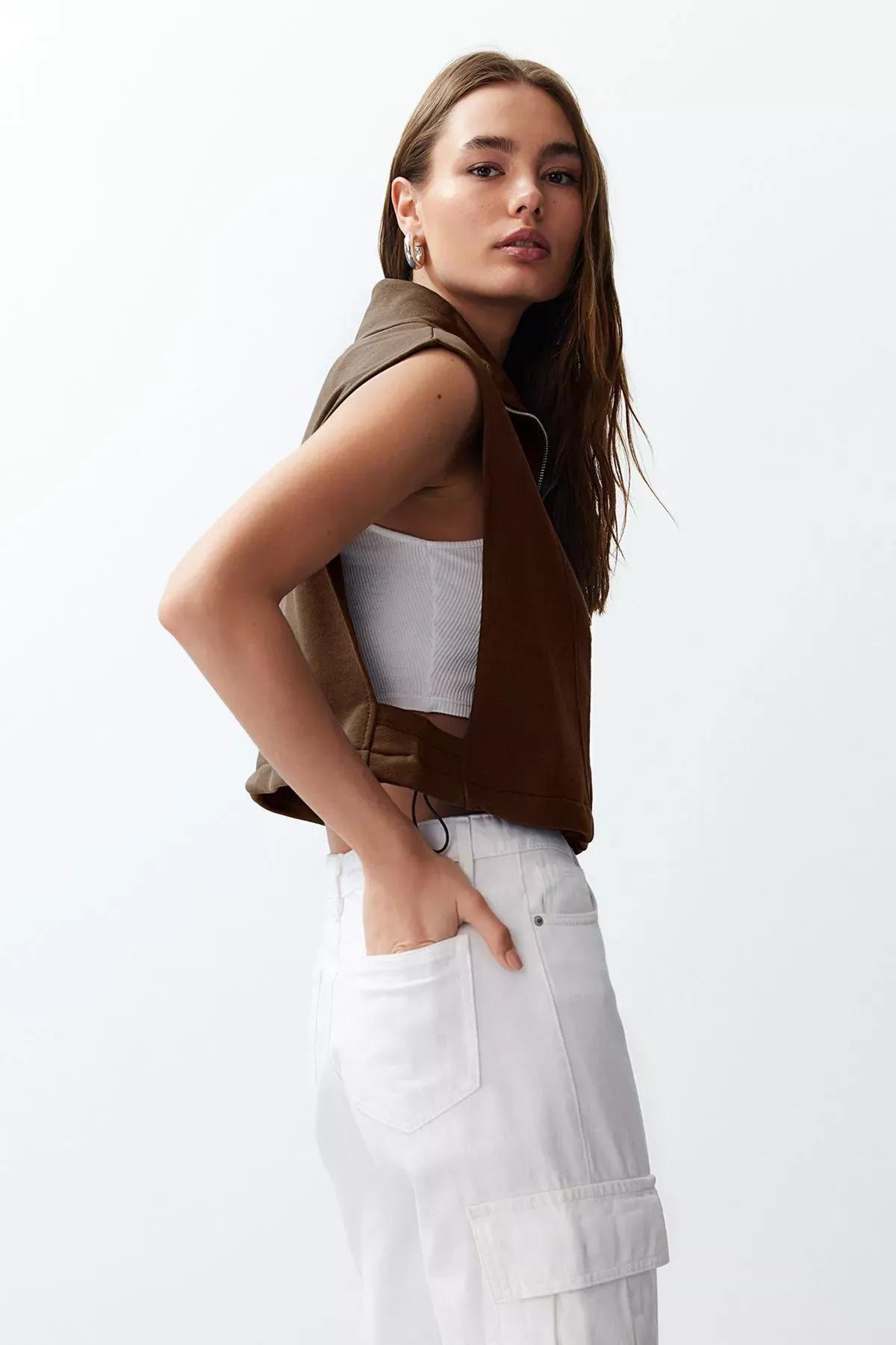 Brown Moon Sleeve Thick Vest, Brown, large image number 2