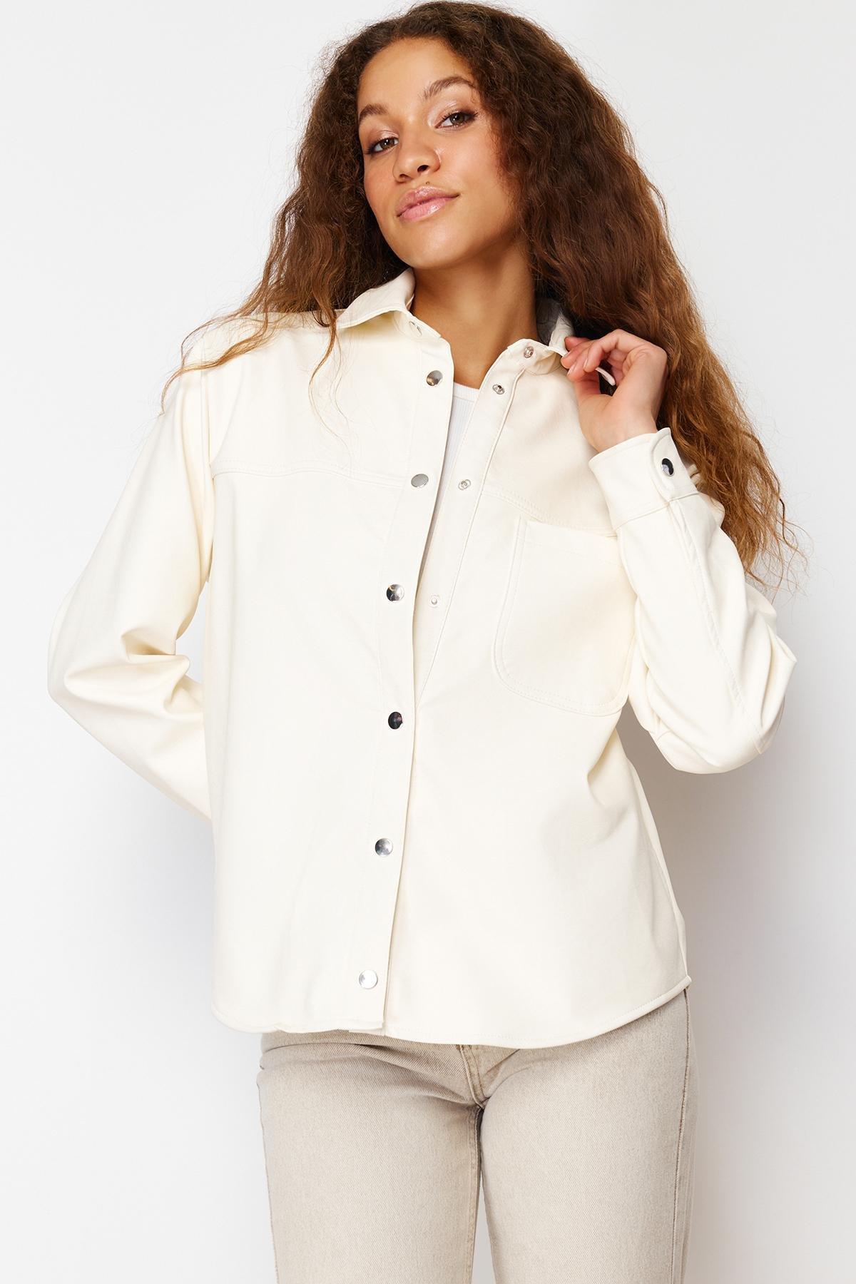 Ecru Oversize Molded Faux Leather Thin Jacket Coat TWOSS24MO00049, single, Ecru, large image number 1