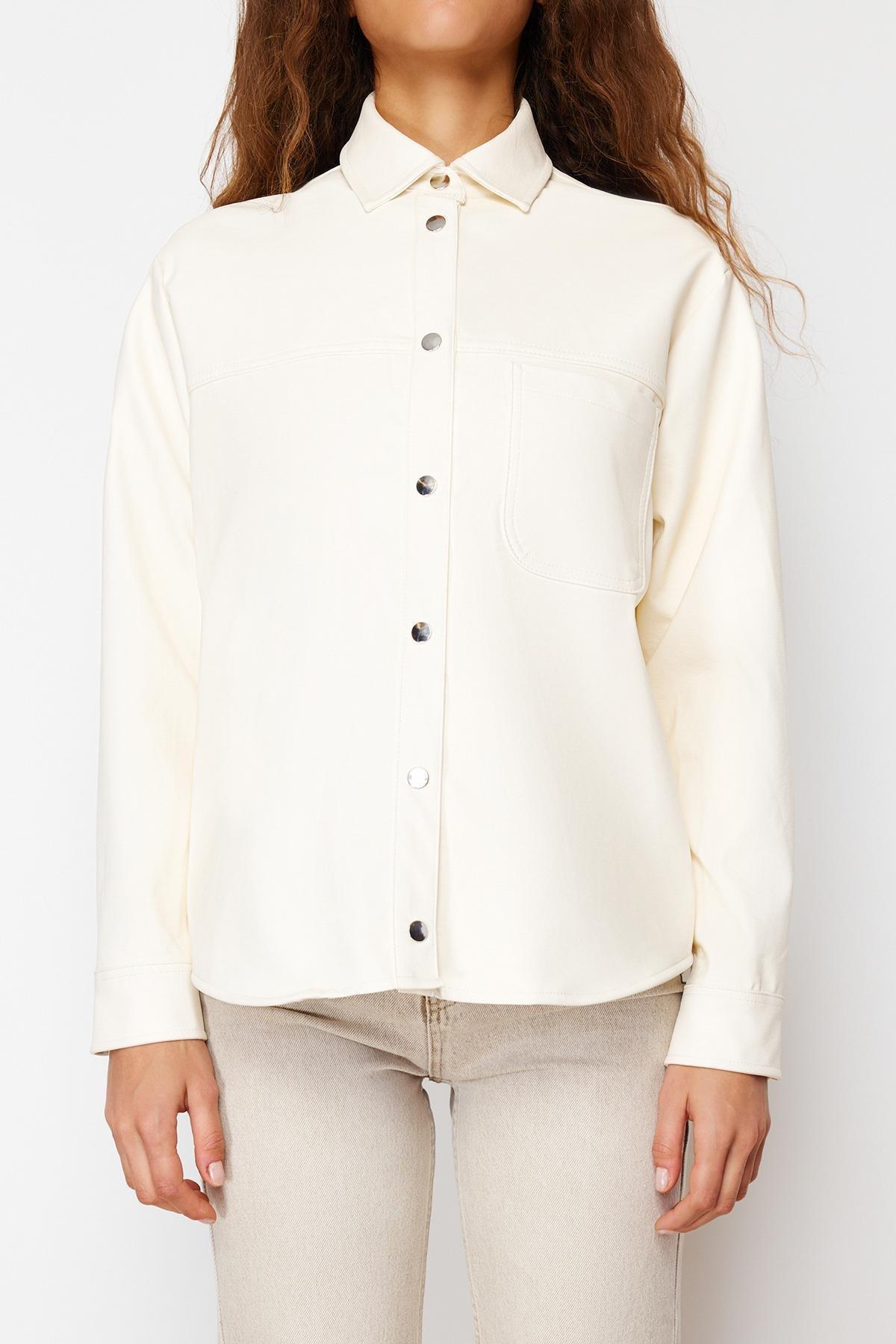 Ecru Oversize Molded Faux Leather Thin Jacket Coat TWOSS24MO00049, single, Ecru, large image number 3