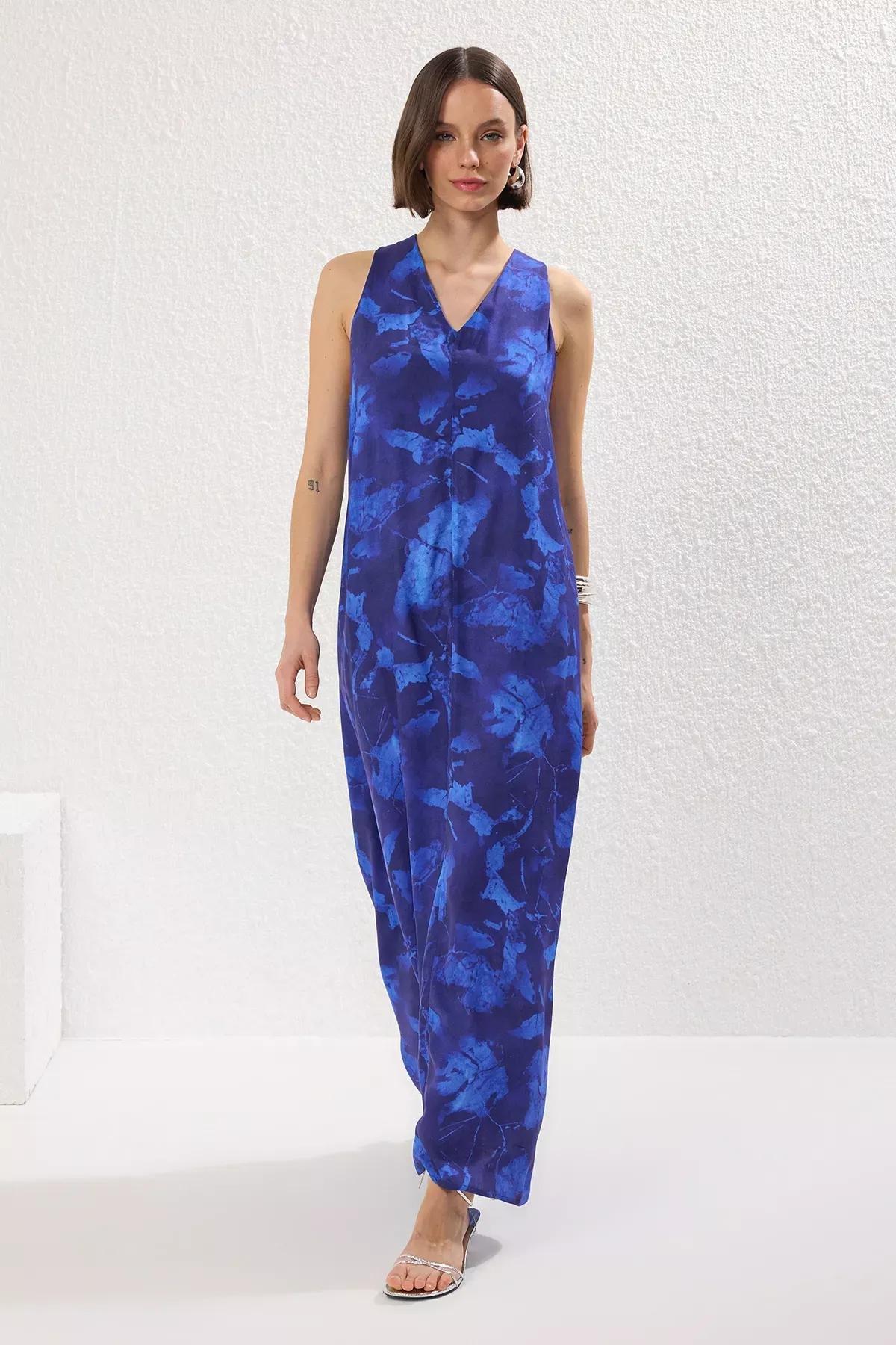 Navy Floral Maxi Woven Dress, Navy blue, large image number 0