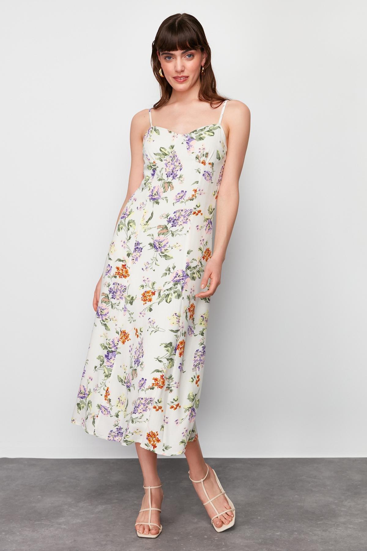 Ecru Floral Patterned Midi Woven Dress, , large image number 0