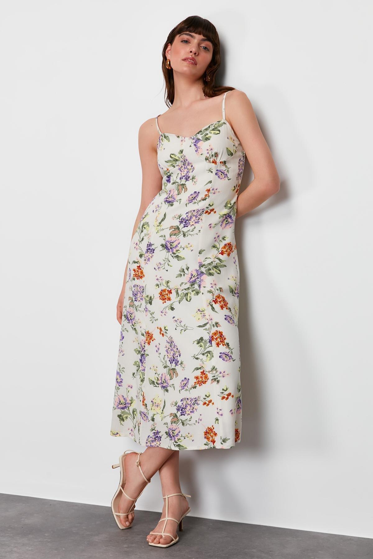 Ecru Floral Patterned Midi Woven Dress, , large image number 1