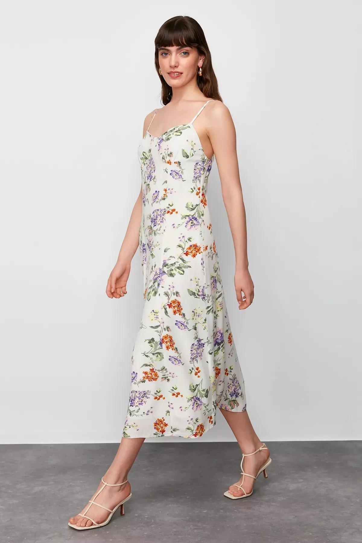 Ecru Floral Patterned Midi Woven Dress, Ecru, large image number 1