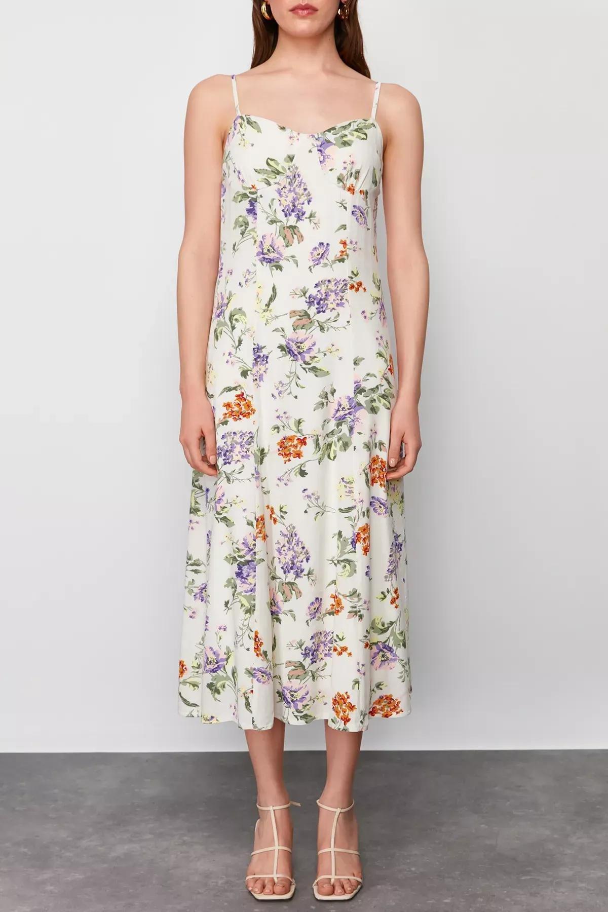 Ecru Floral Patterned Midi Woven Dress, Ecru, large image number 3