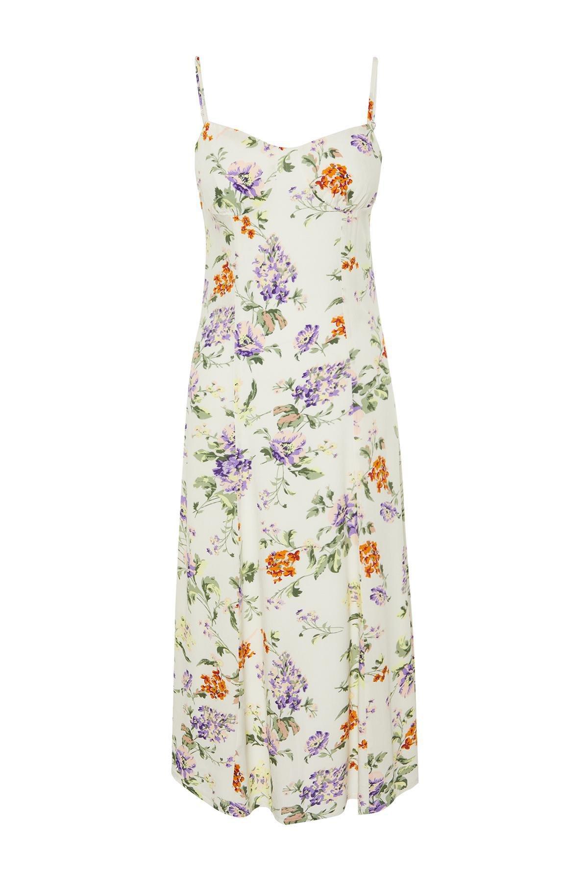 Ecru Floral Patterned Midi Woven Dress, , large image number 4