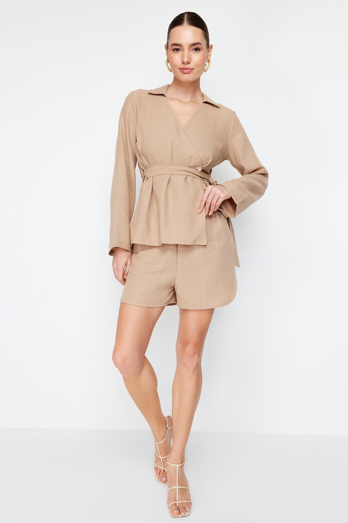 Mink Pocketed Elastic Waist Woven Shorts TWOSS24SR00039, , large image number 1