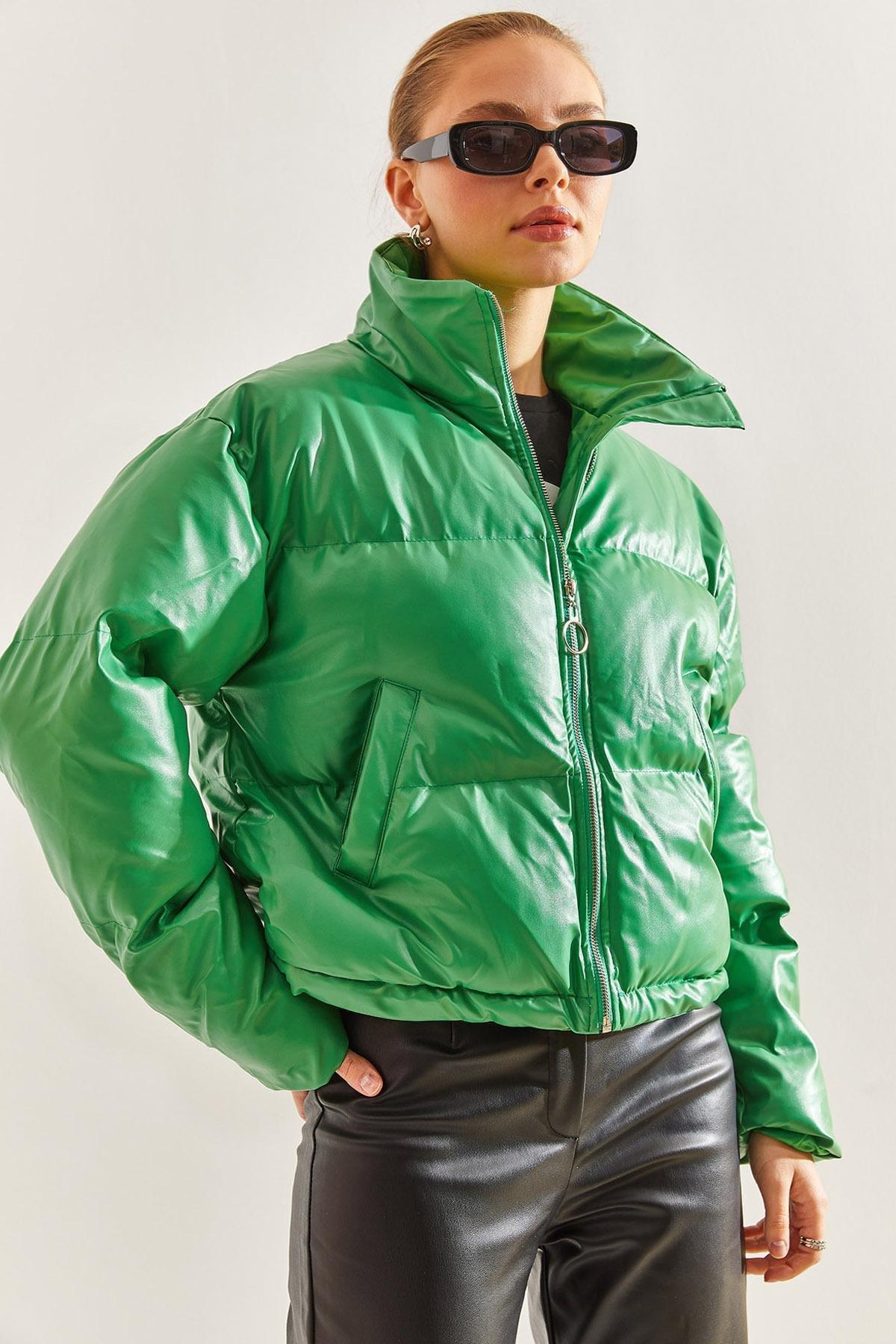 Green Leather Puffer Coat, Green, large image number 0