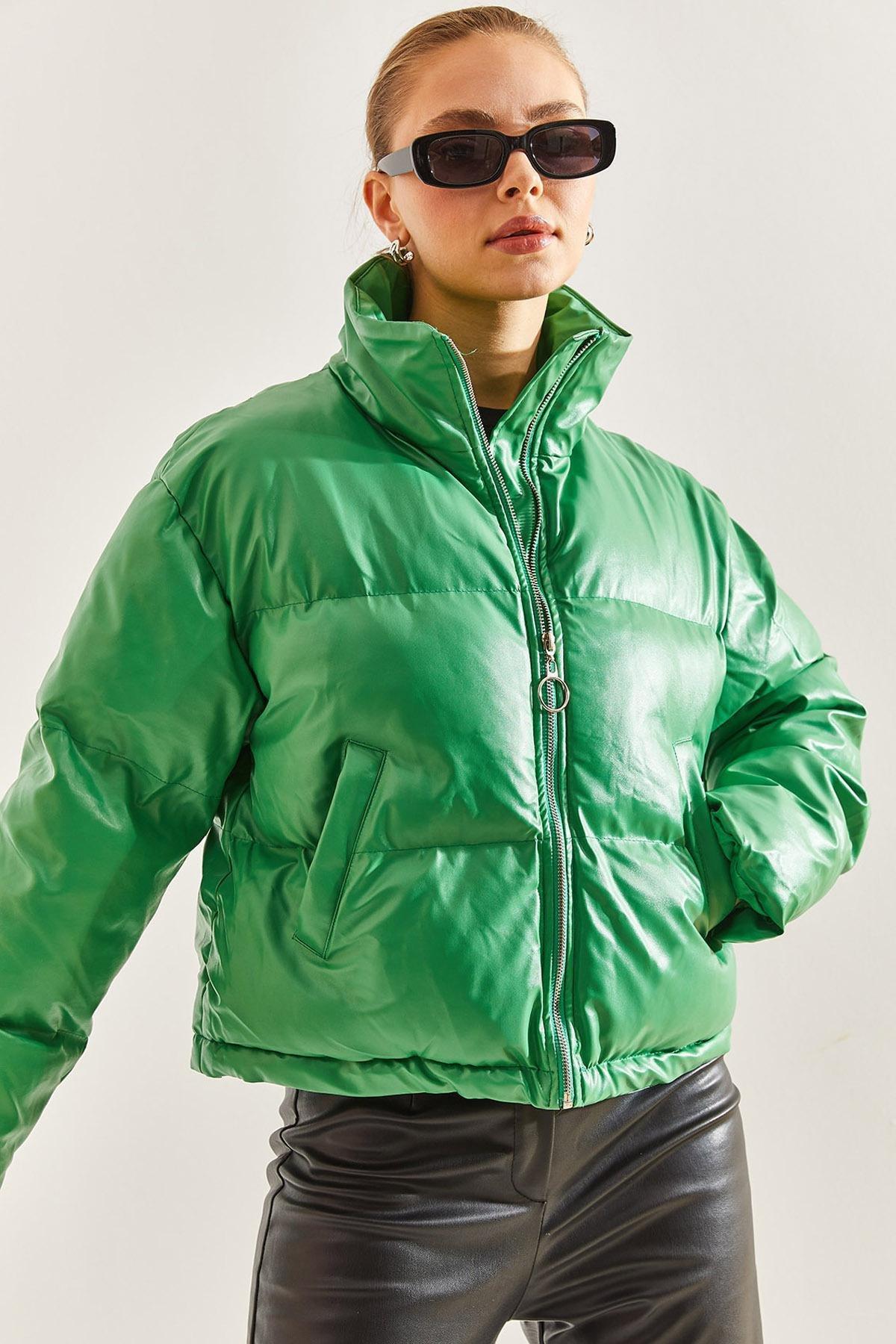 Green Leather Puffer Coat, Green, large image number 1