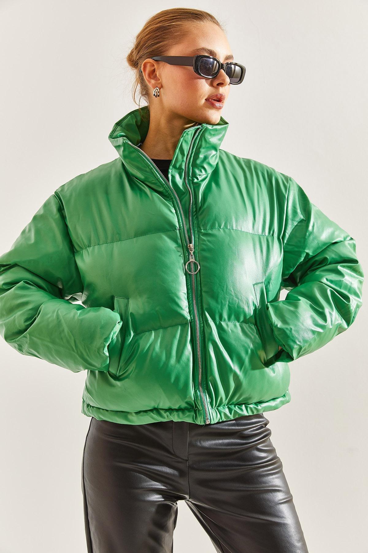 Green Leather Puffer Coat, Green, large image number 2